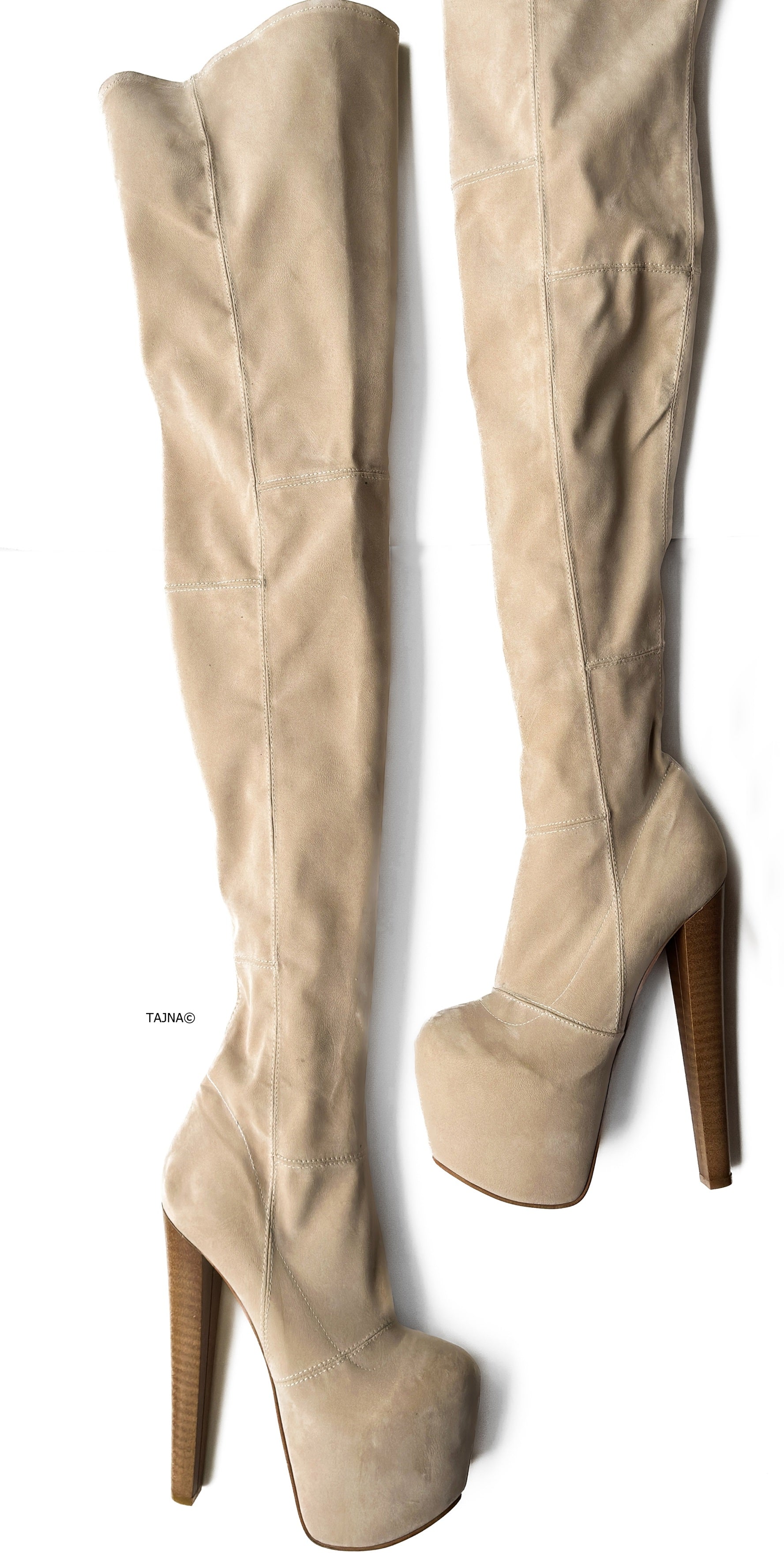 Beige Cream Suede OTK High Heel Boots