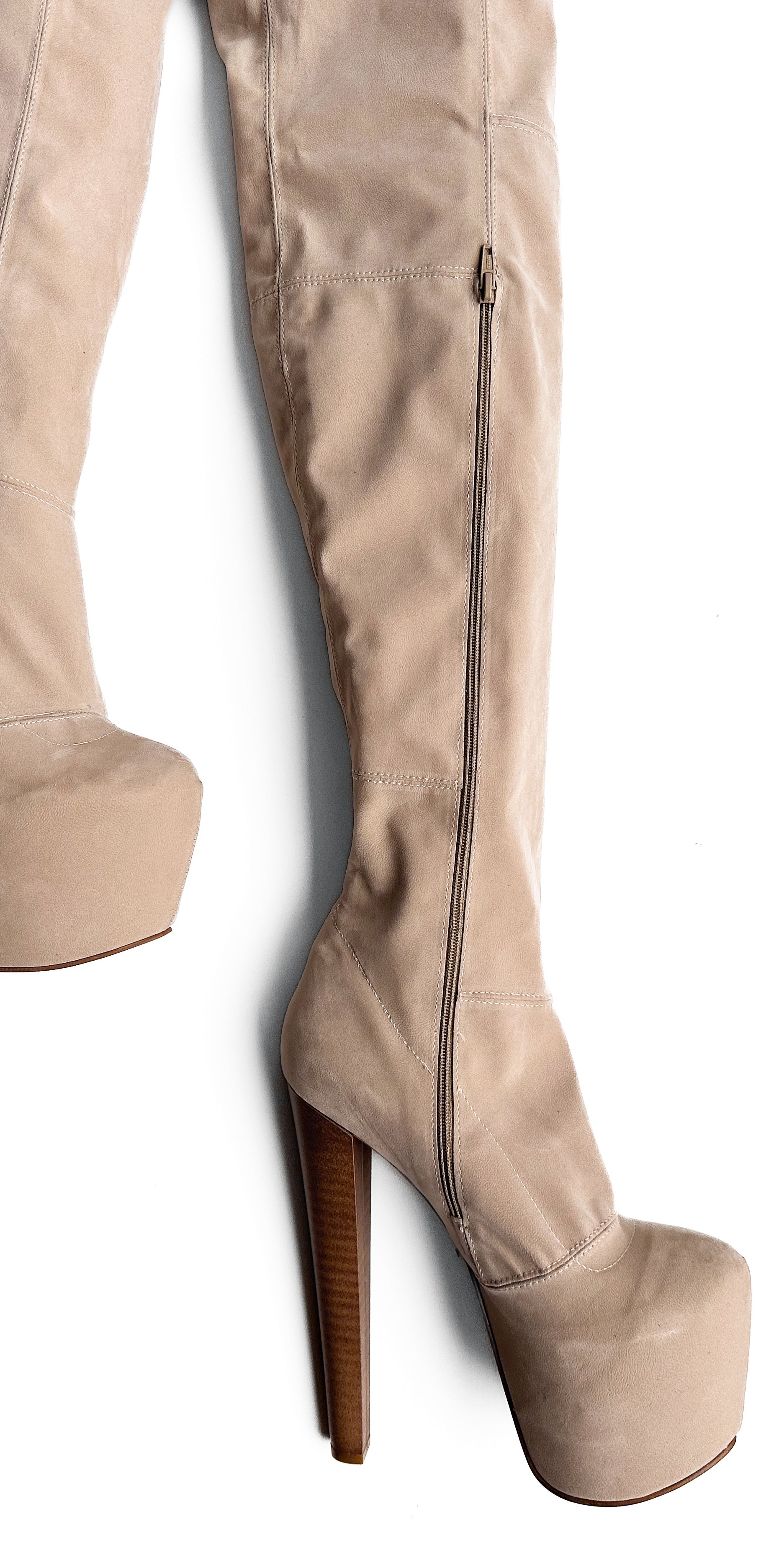 Beige Cream Suede OTK High Heel Boots