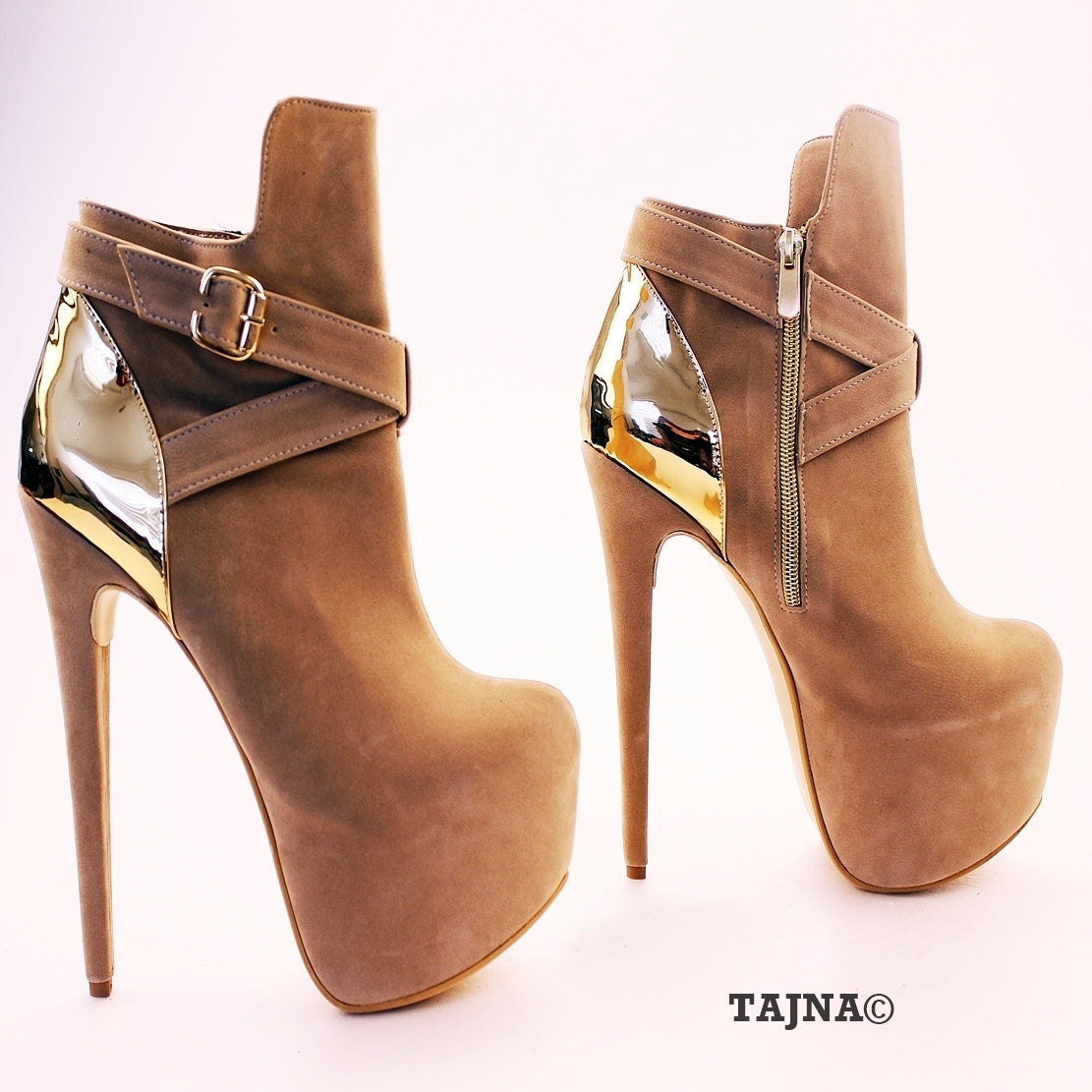 Beige Platform Booties with Golden Detail in Faux Suede.