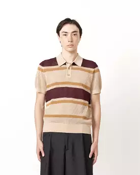 Beige Striped Spread Collar Polo Shirt