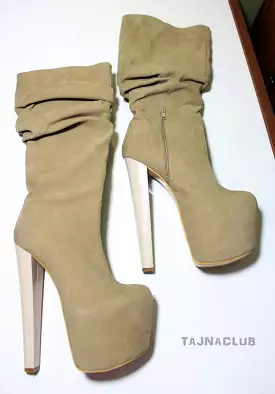 Beige Suede Mid Calf Boots with Platform and High Heel