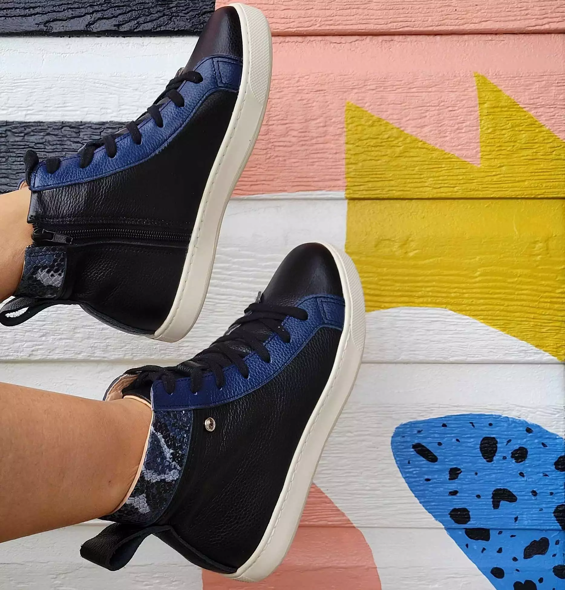 Black and Blue Leather High Top Sneaker