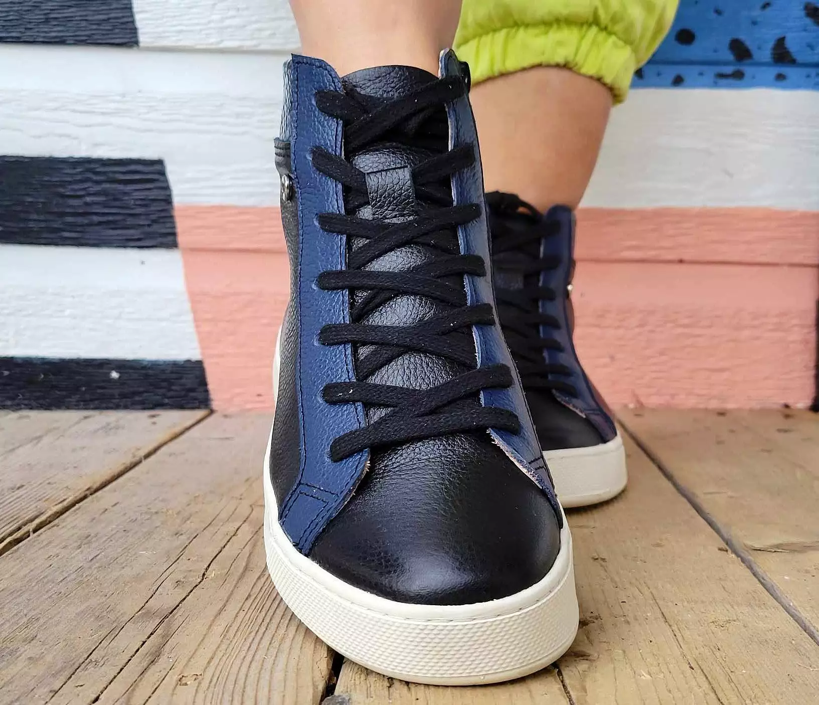 Black and Blue Leather High Top Sneaker