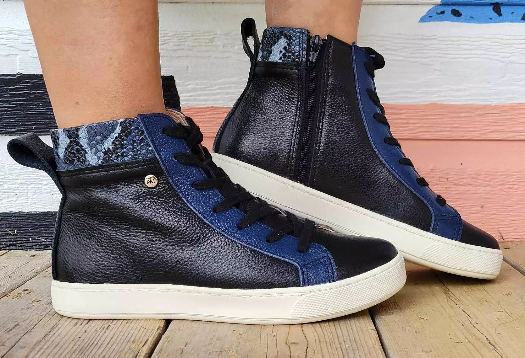 Black and Blue Leather High Top Sneaker