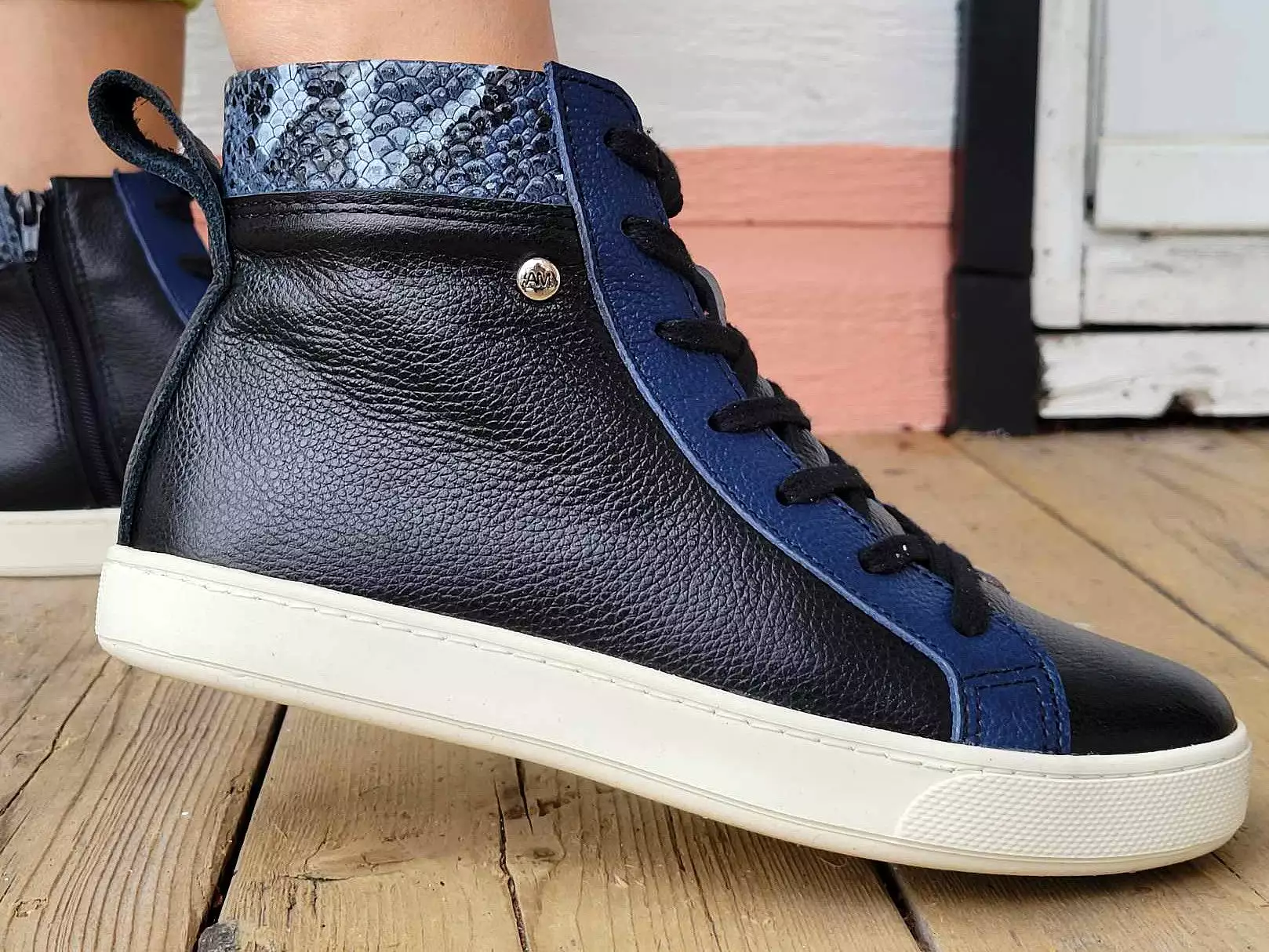 Black and Blue Leather High Top Sneaker