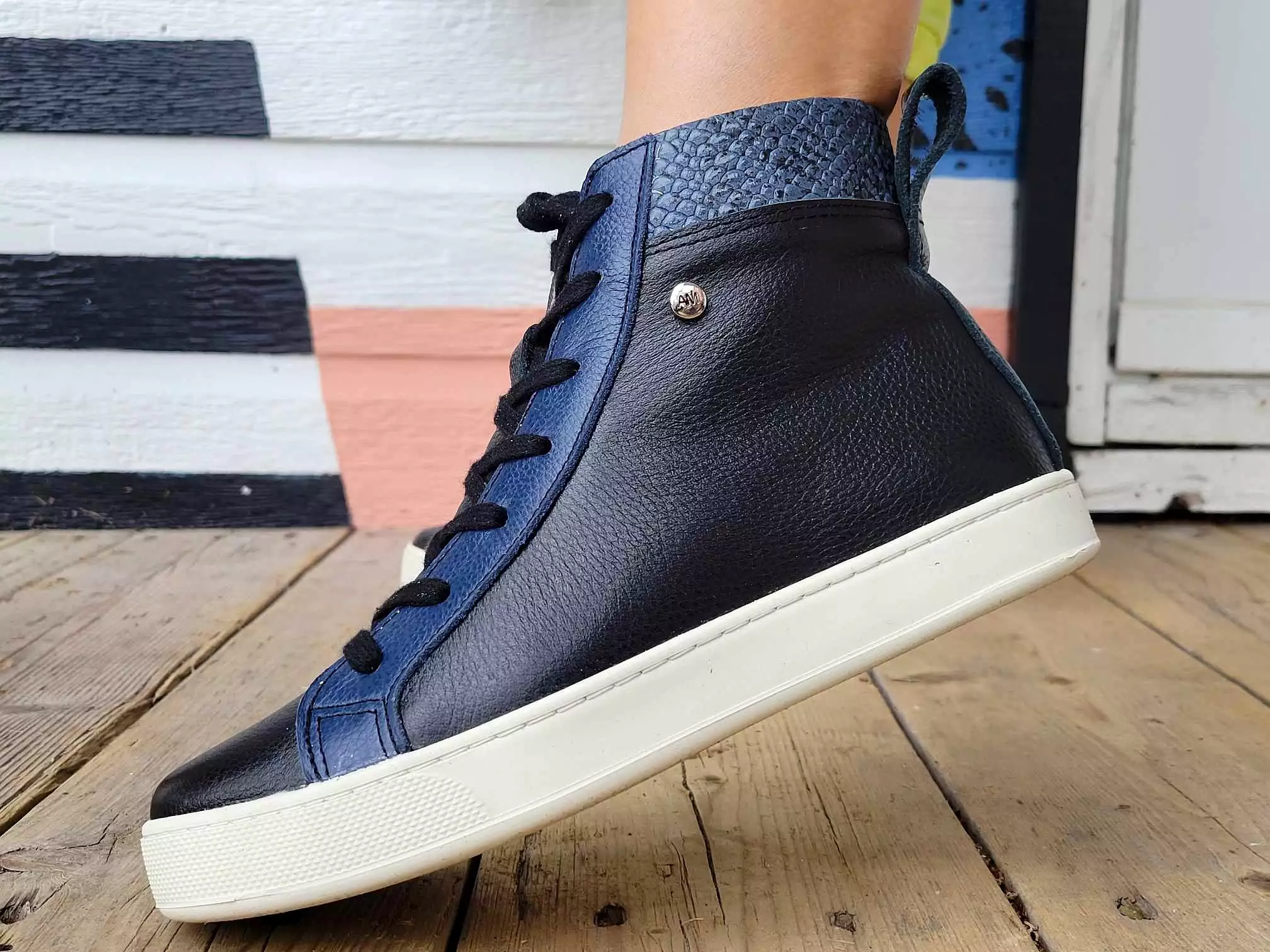 Black and Blue Leather High Top Sneaker