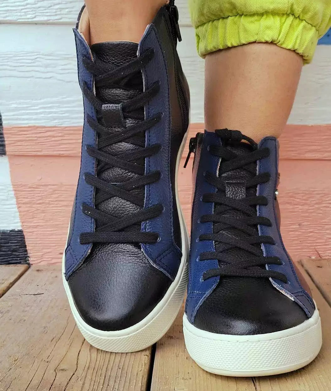 Black and Blue Leather High Top Sneaker