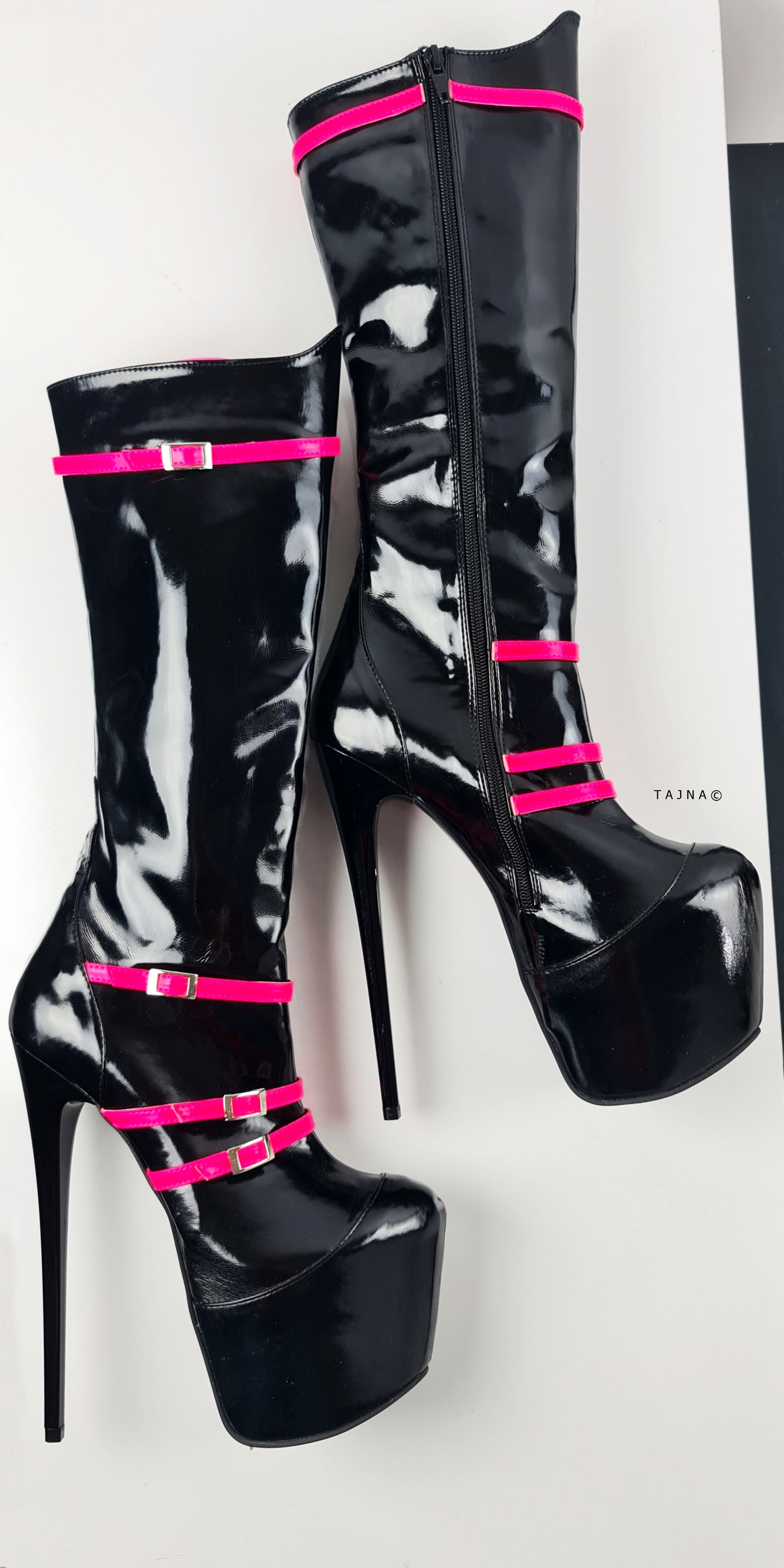 Black Gloss Pink Detail Mid Calf Boots