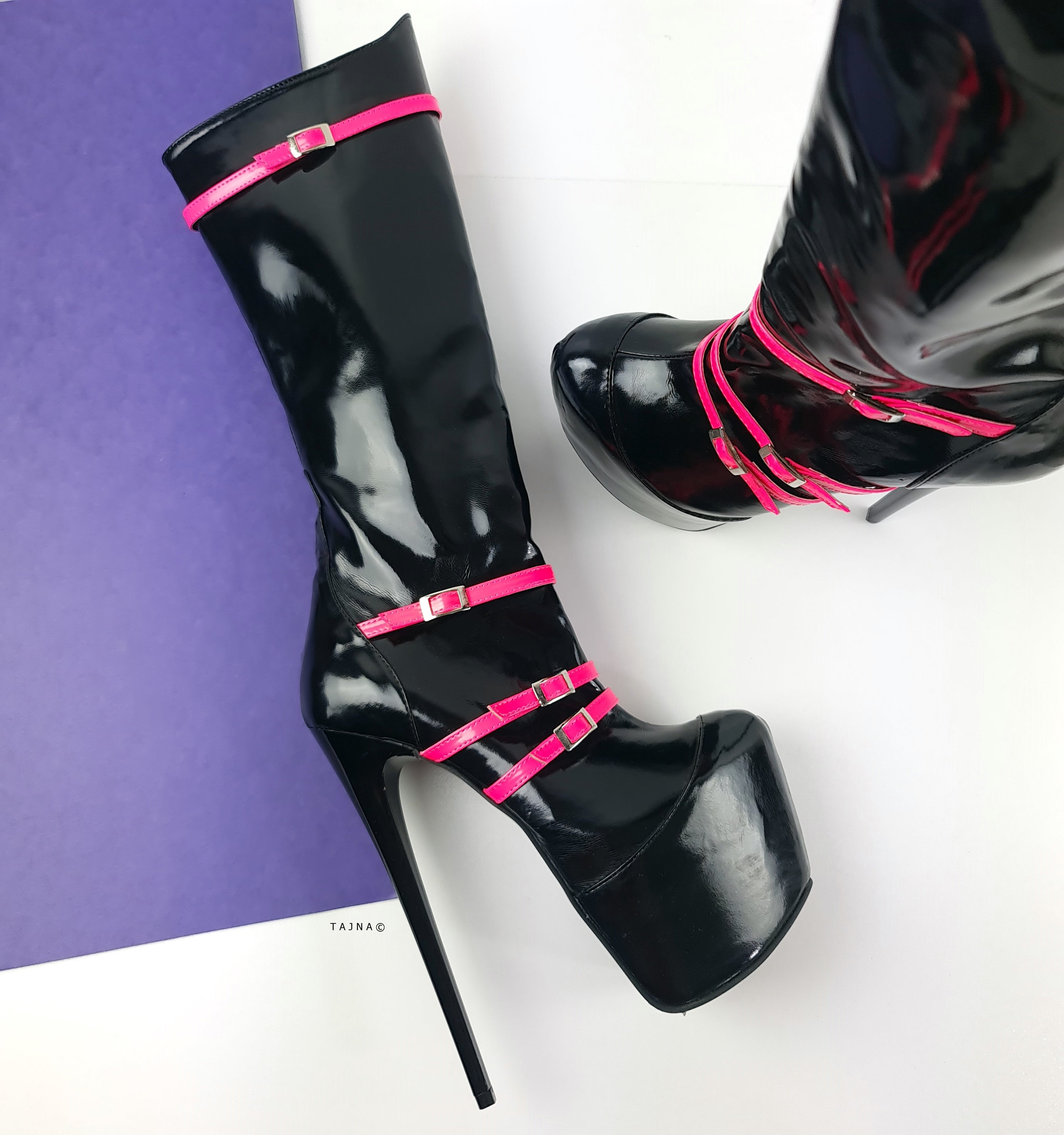 Black Gloss Pink Detail Mid Calf Boots