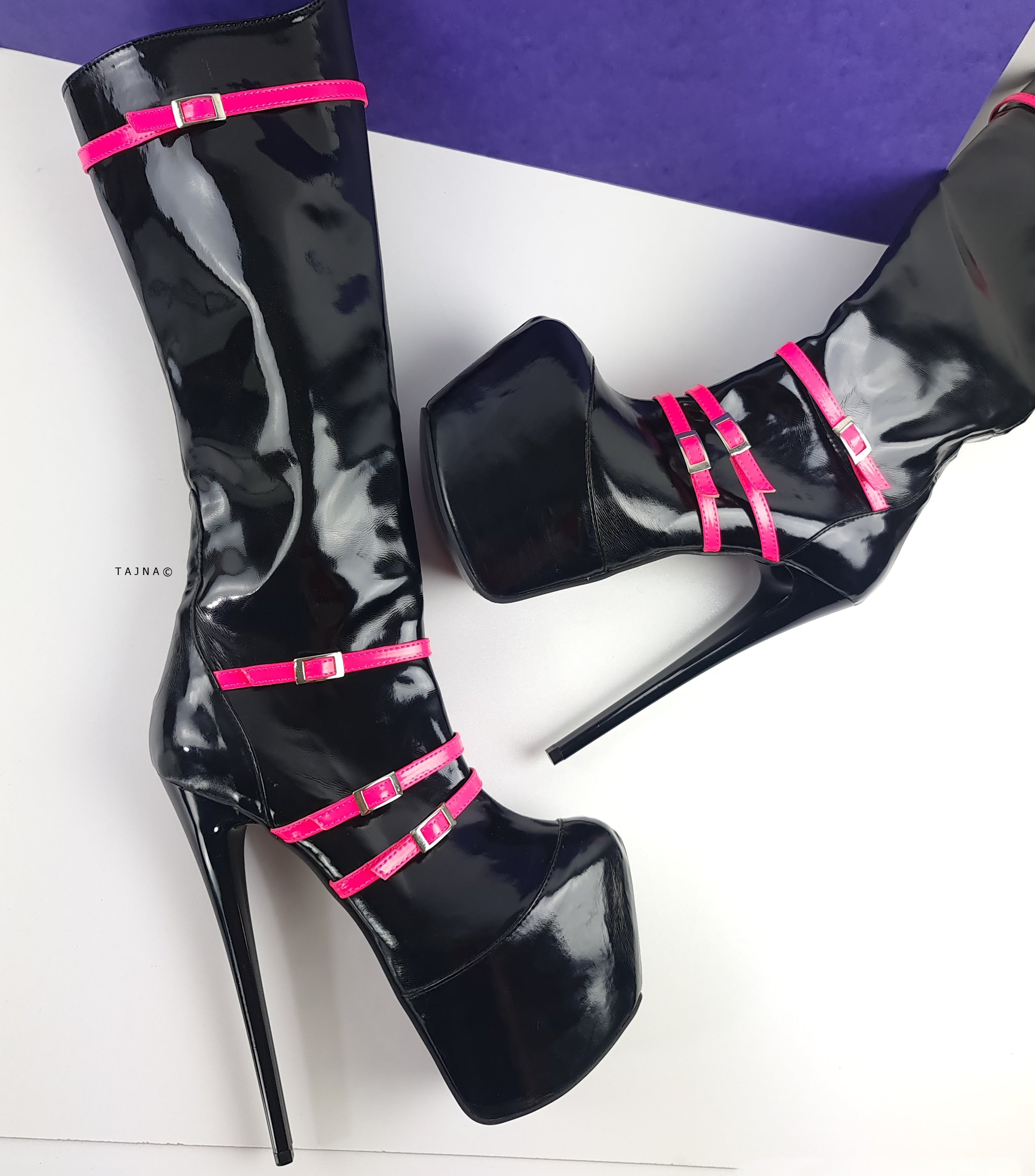 Black Gloss Pink Detail Mid Calf Boots