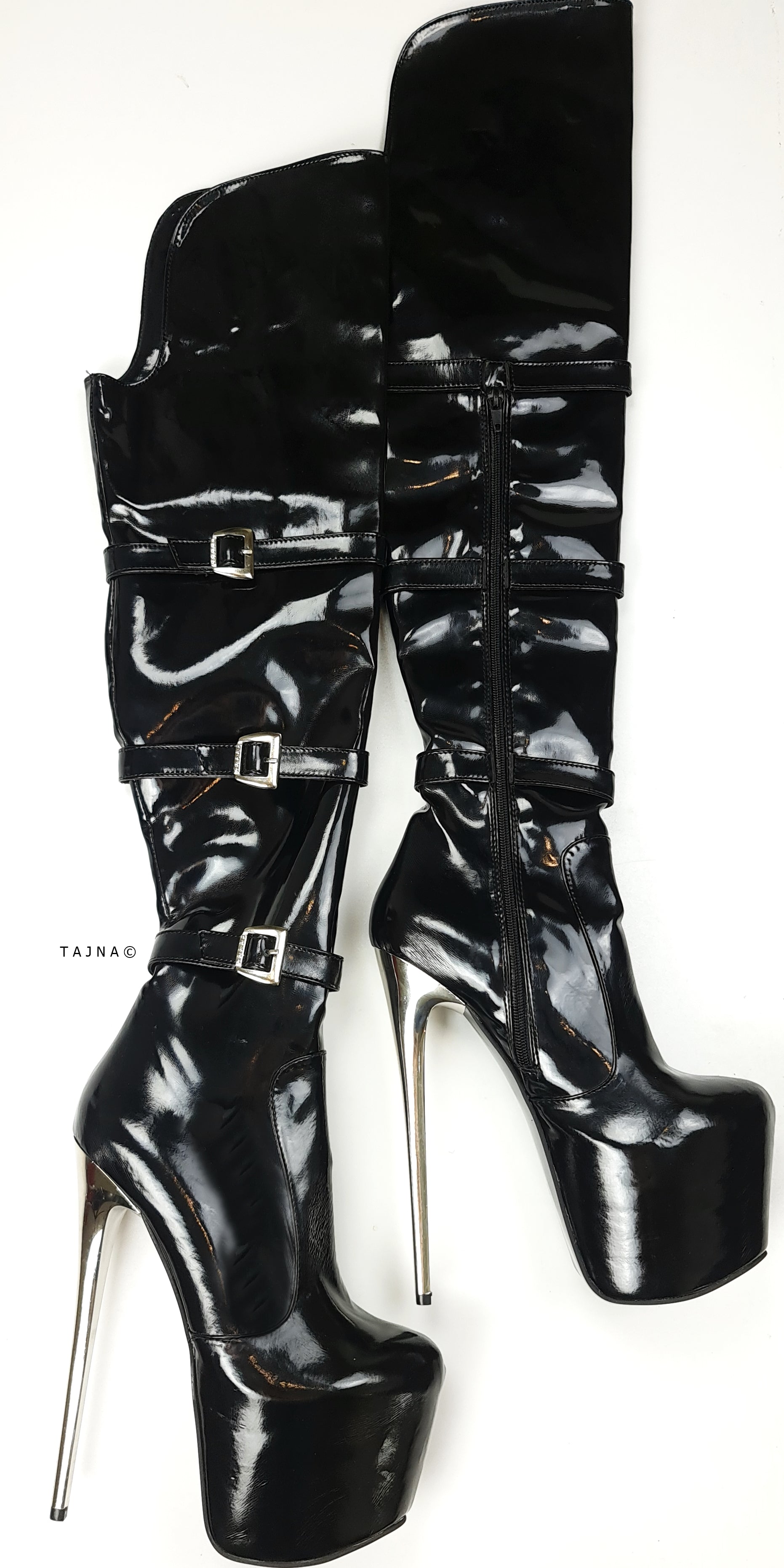 Black Patent Thigh Boots with Metal Heel - Belted Design