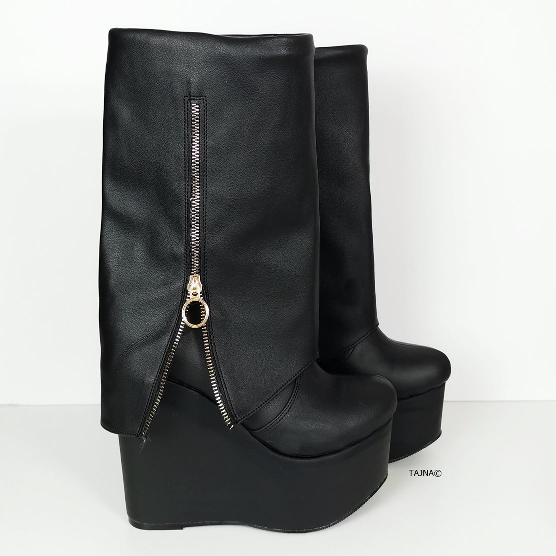 Black Zippered Wedge Boots