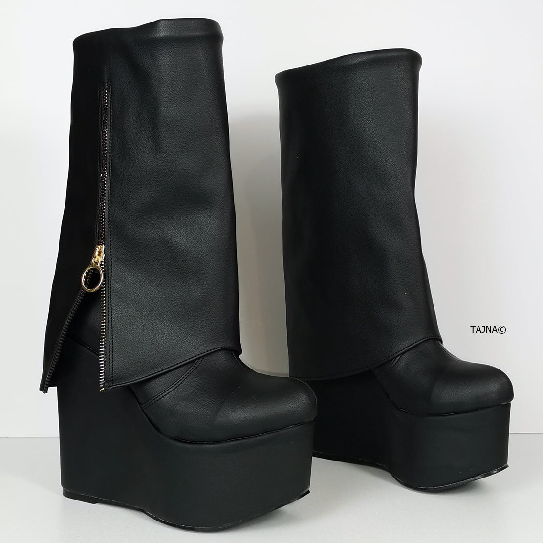 Black Zippered Wedge Boots