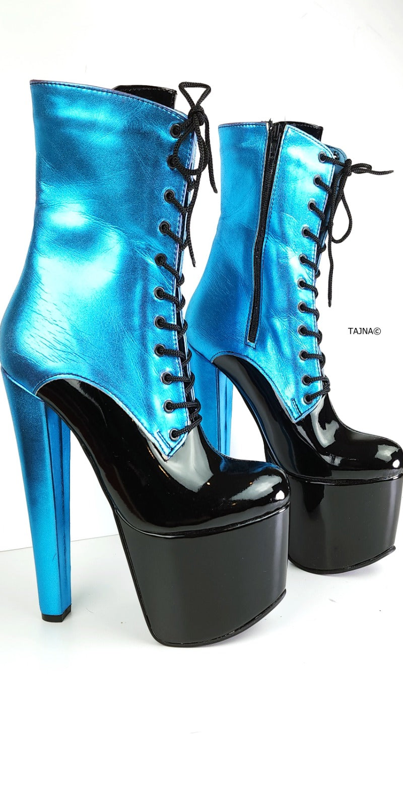 Blue Chunky Heel Platform Boots