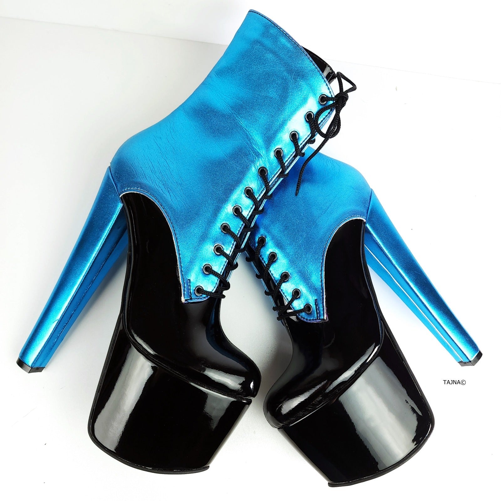 Blue Chunky Heel Platform Boots