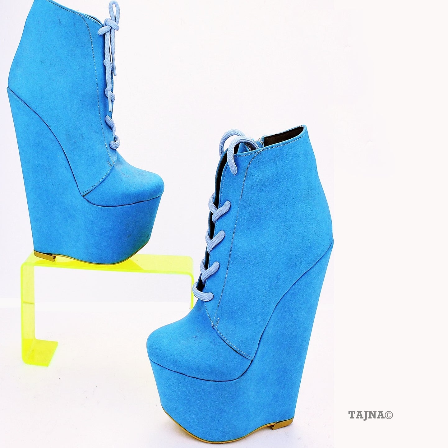 Blue Lace Up Ankle Wedge Booties with 16 cm Heel