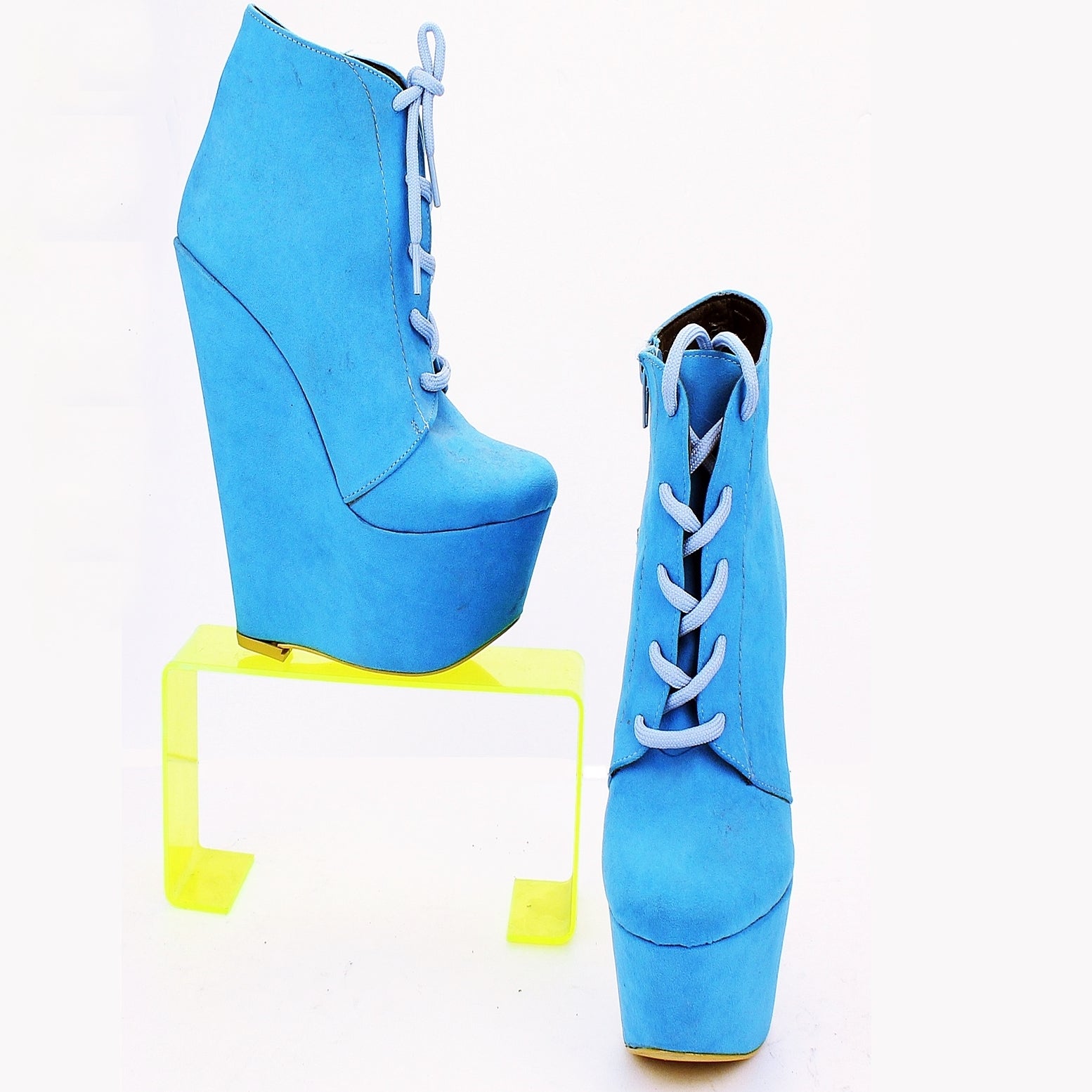 Blue Lace Up Ankle Wedge Booties with 16 cm Heel