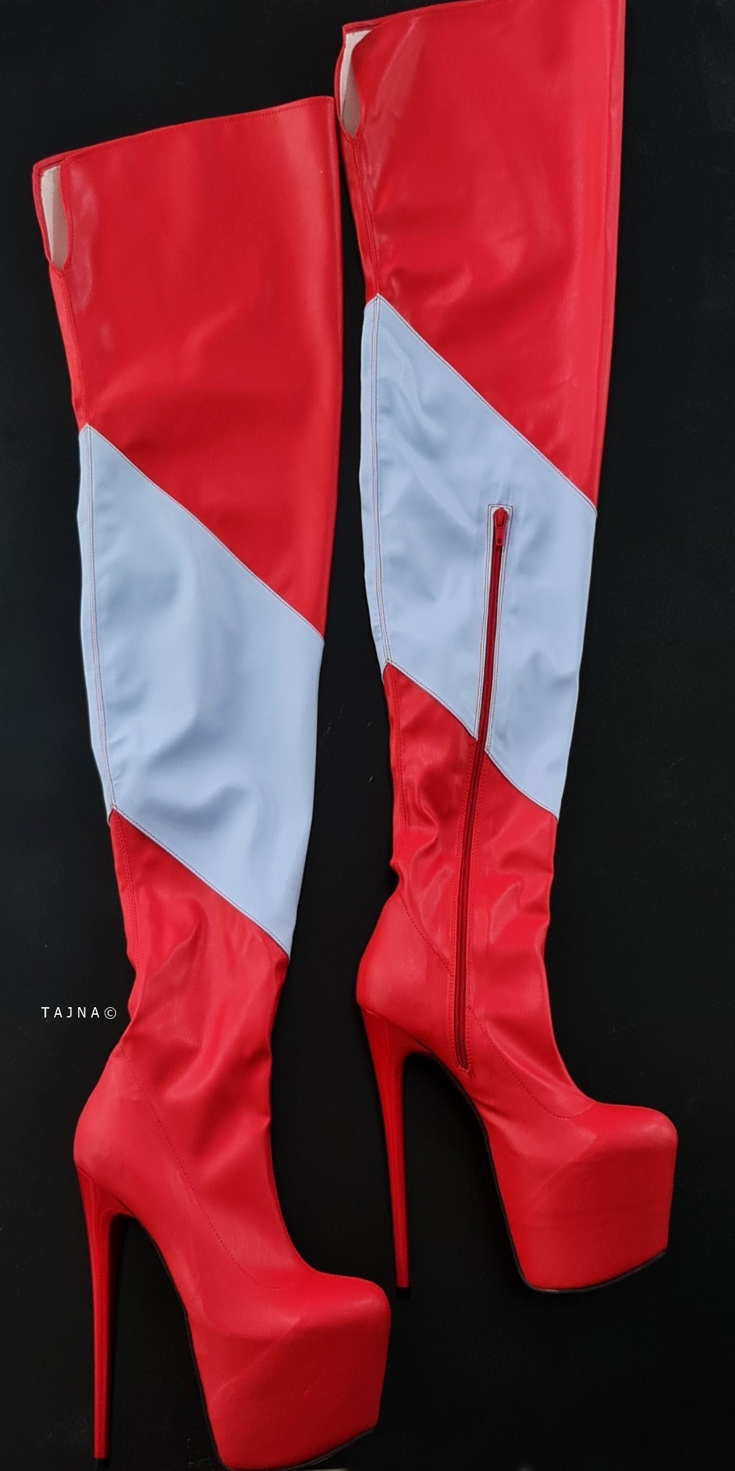 Blue Red Thigh High Pencil Boots