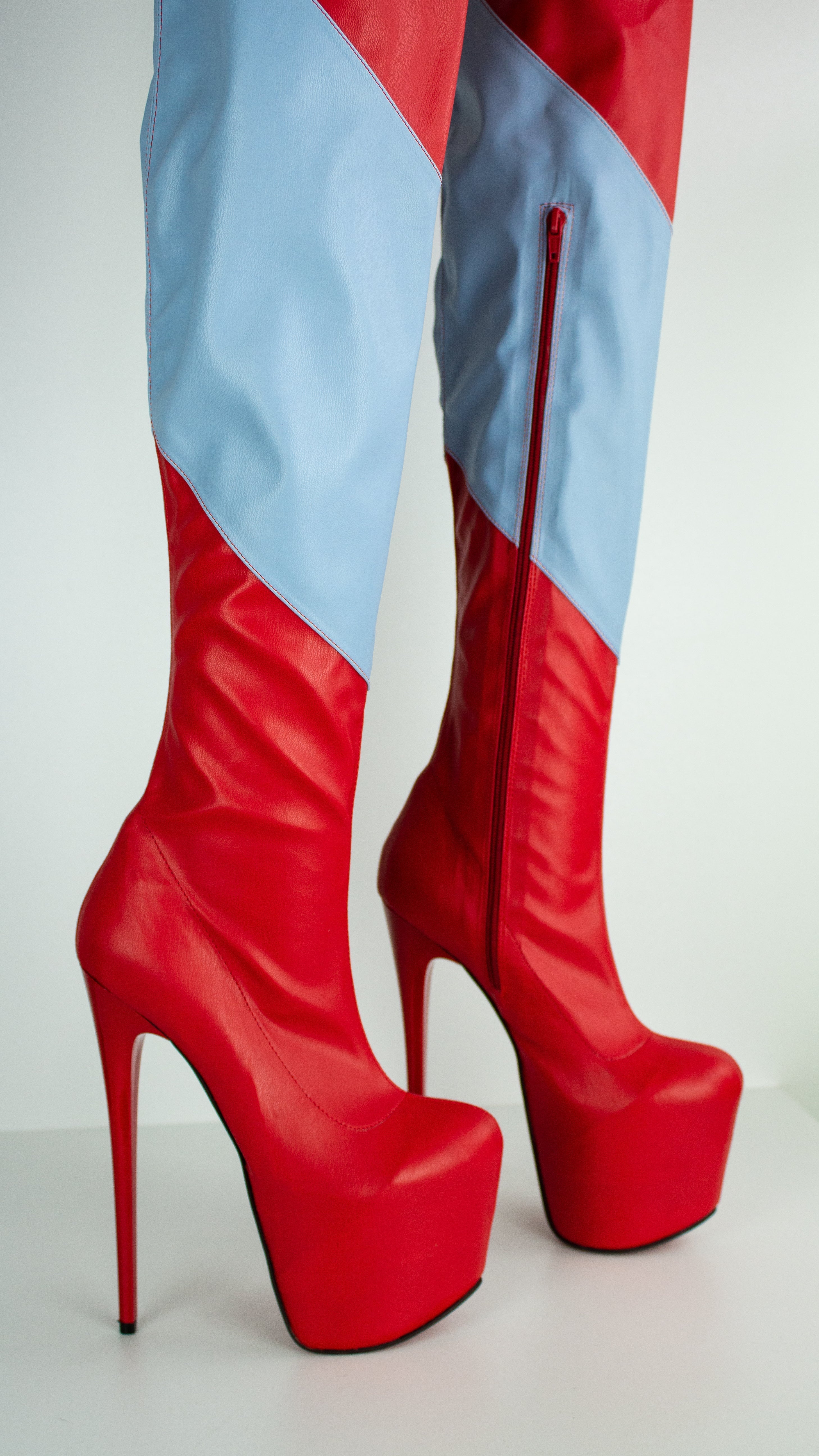 Blue Red Thigh High Pencil Boots