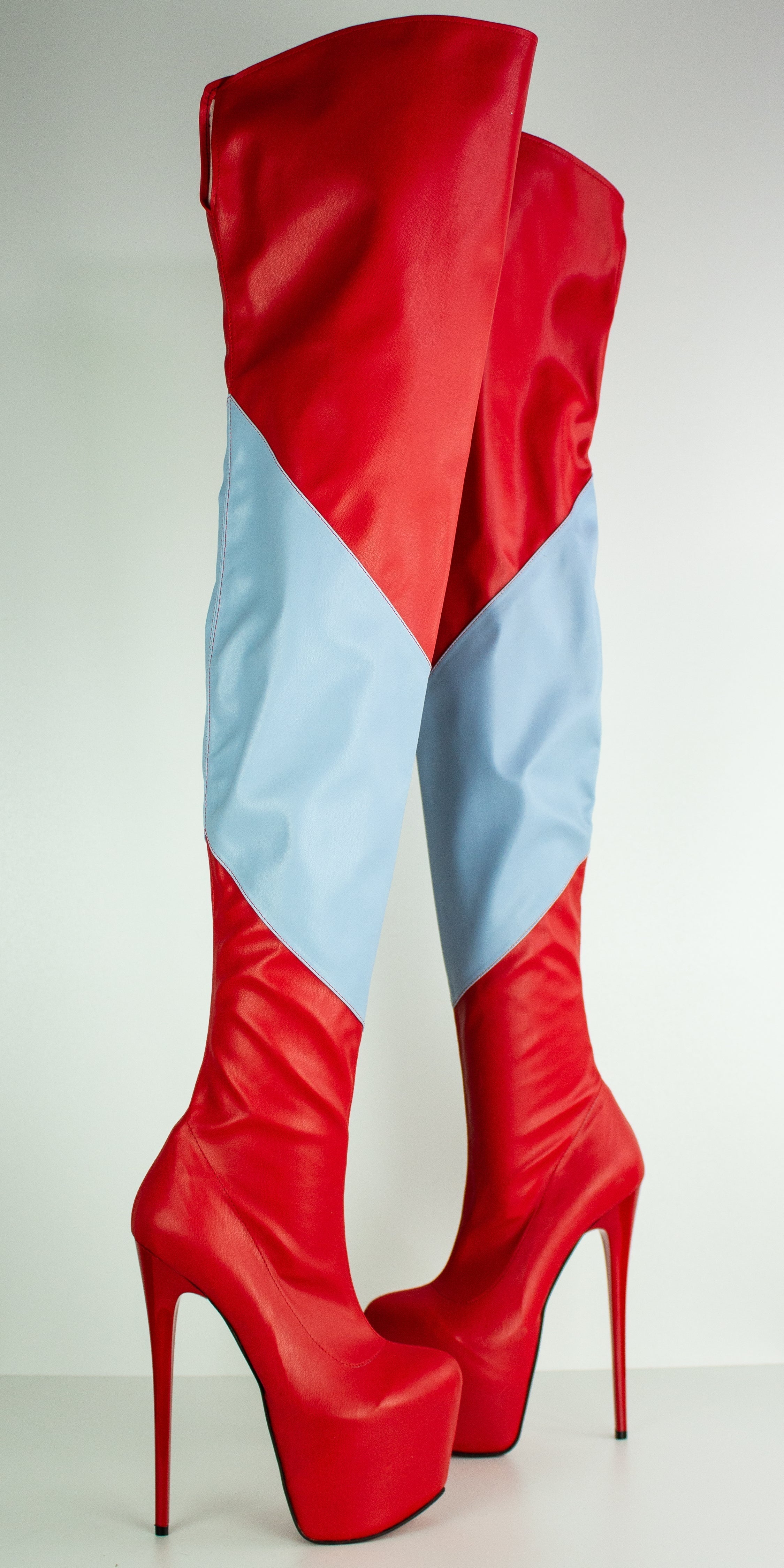 Blue Red Thigh High Pencil Boots