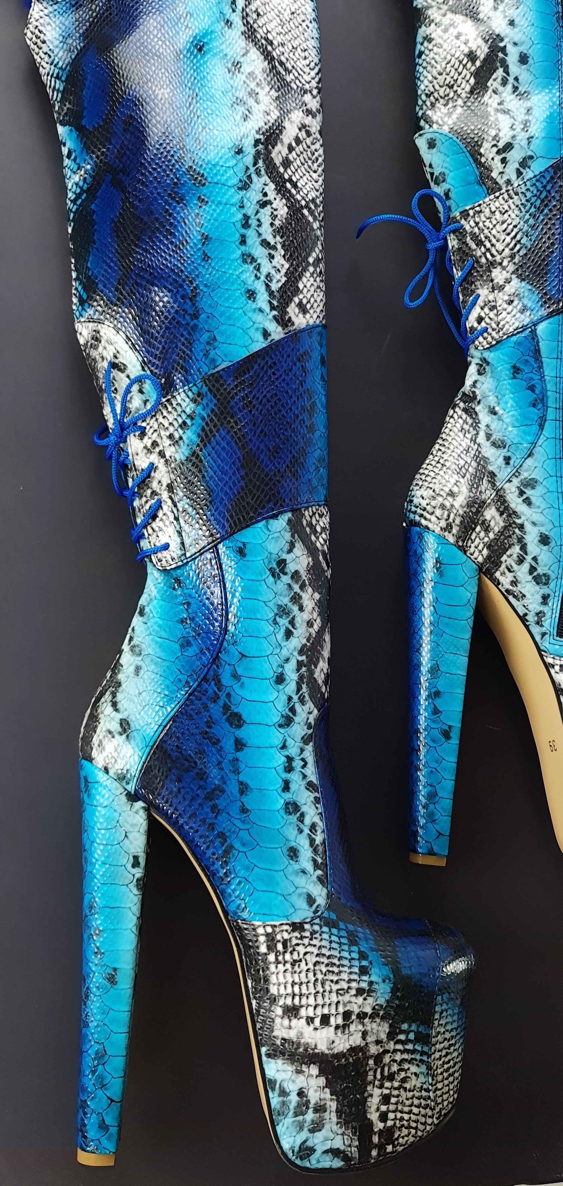 Blue Snake Print Thigh High Chunky Heel Boots