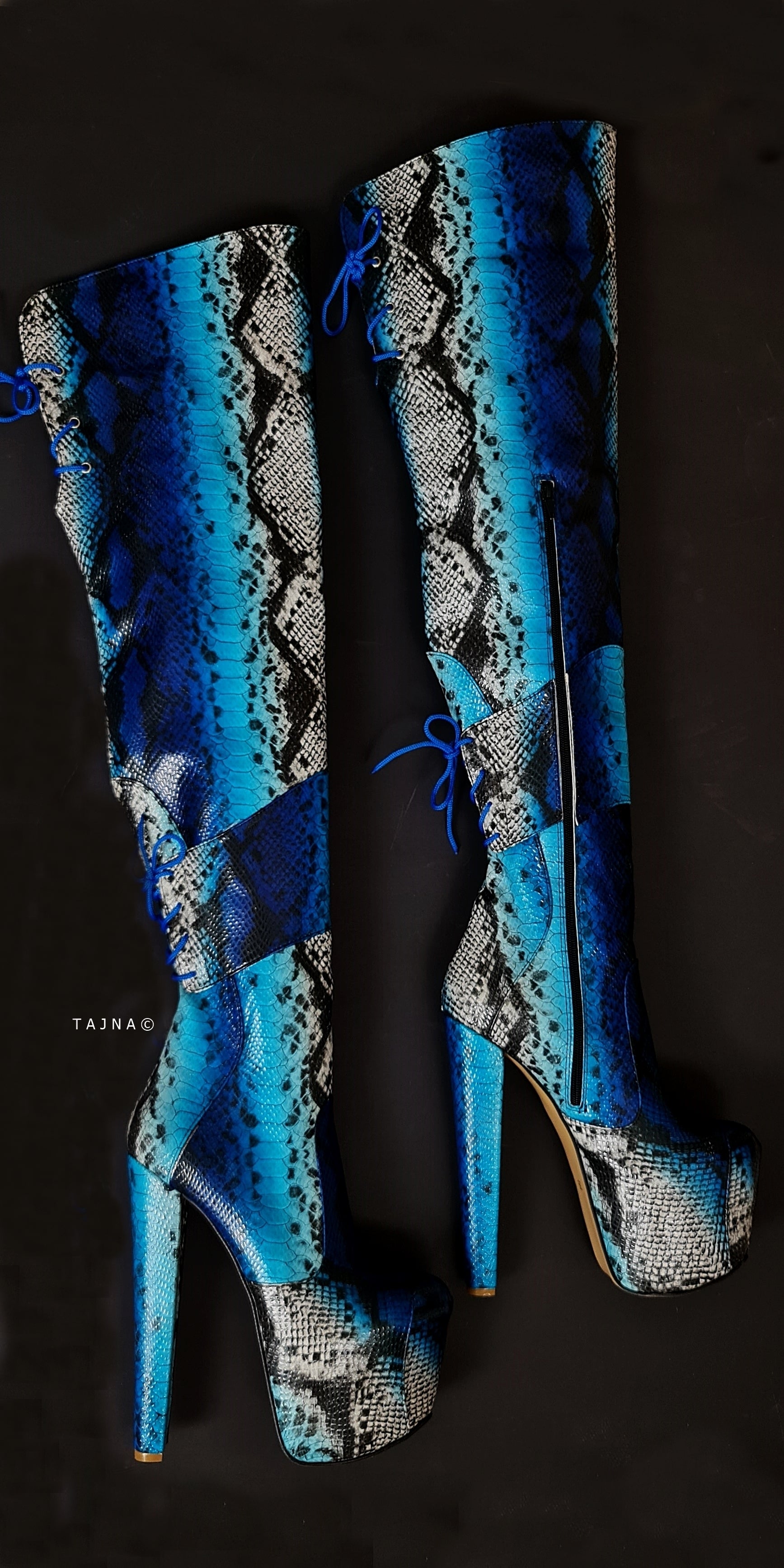 Blue Snake Print Thigh High Chunky Heel Boots