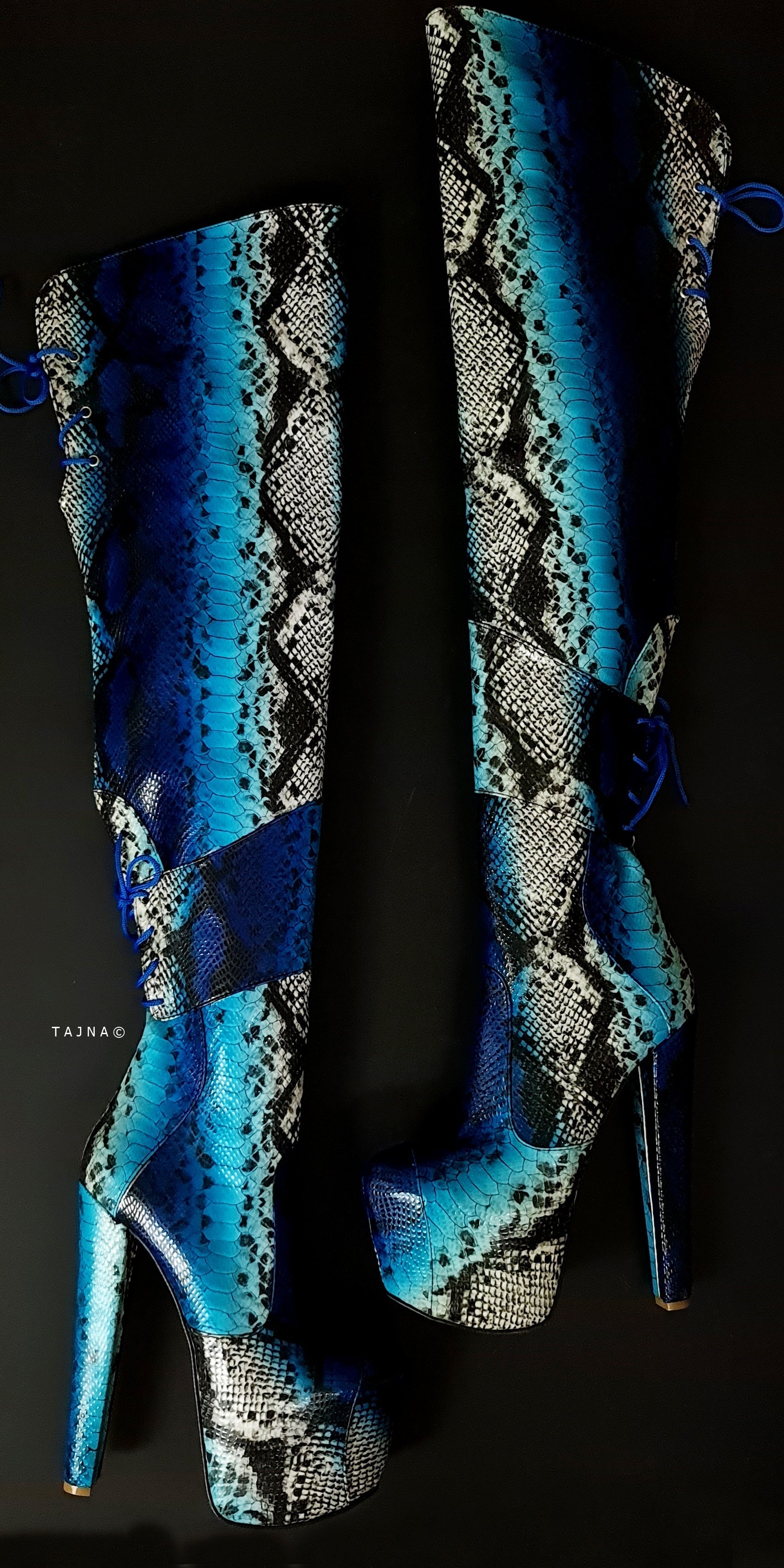 Blue Snake Print Thigh High Chunky Heel Boots