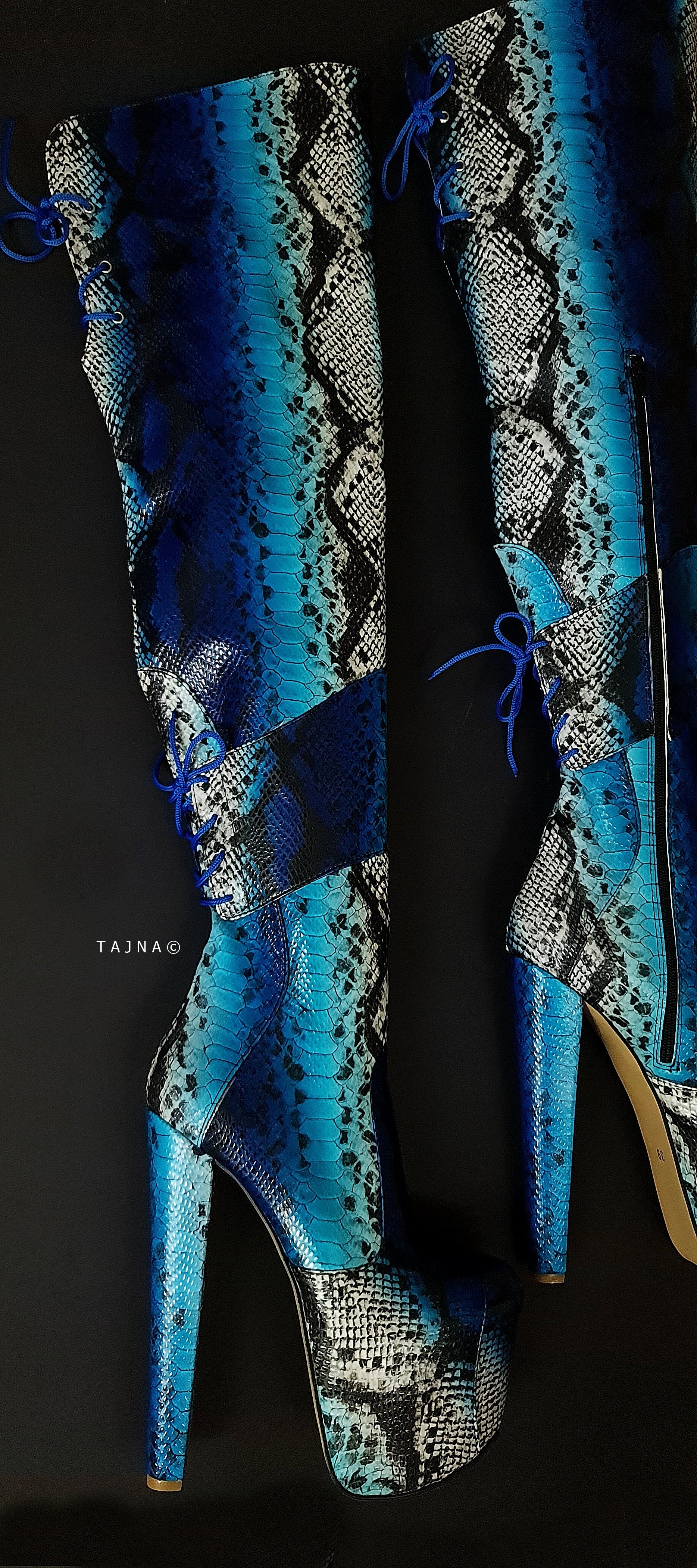 Blue Snake Print Thigh High Chunky Heel Boots