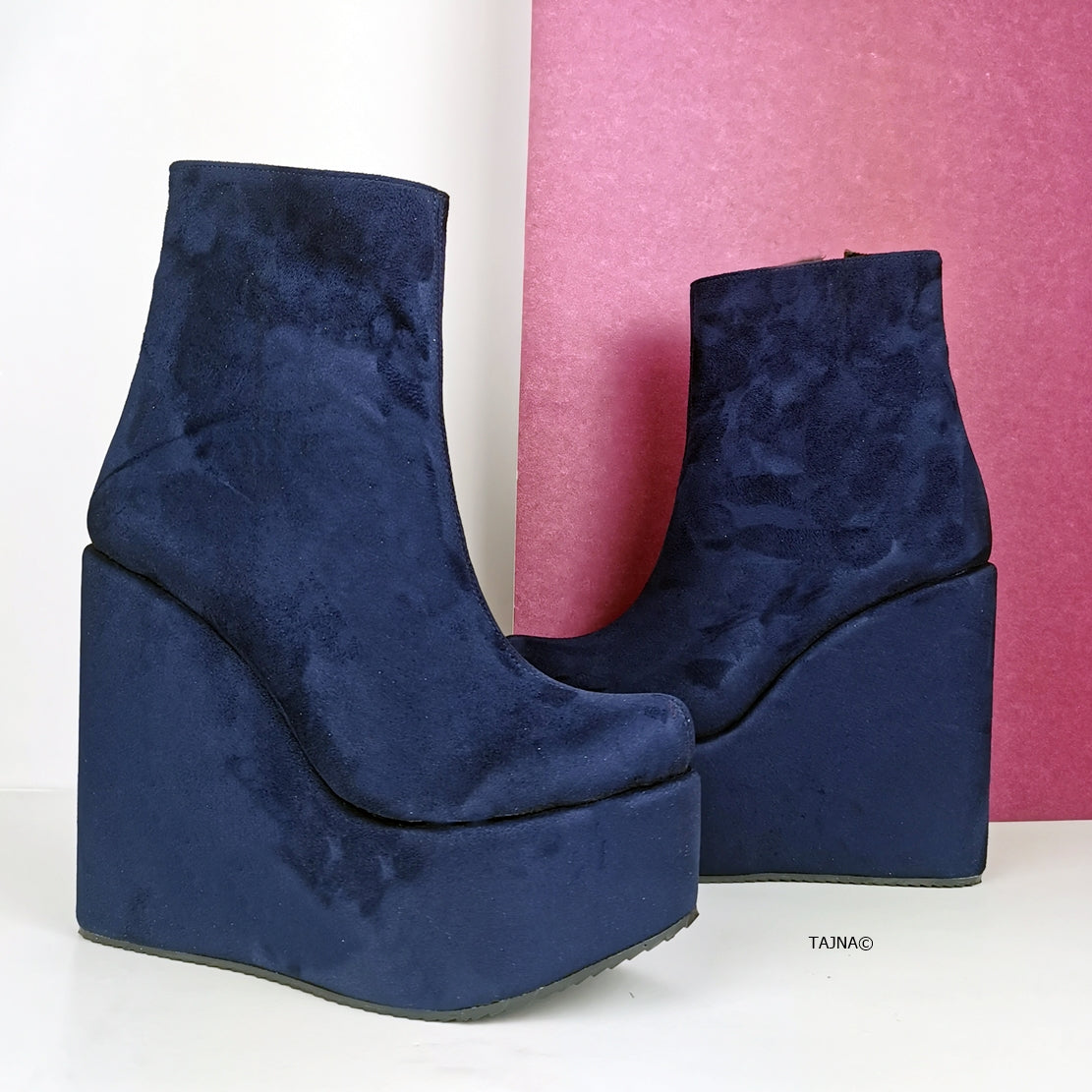 Blue Suede Platform Wedge Boots