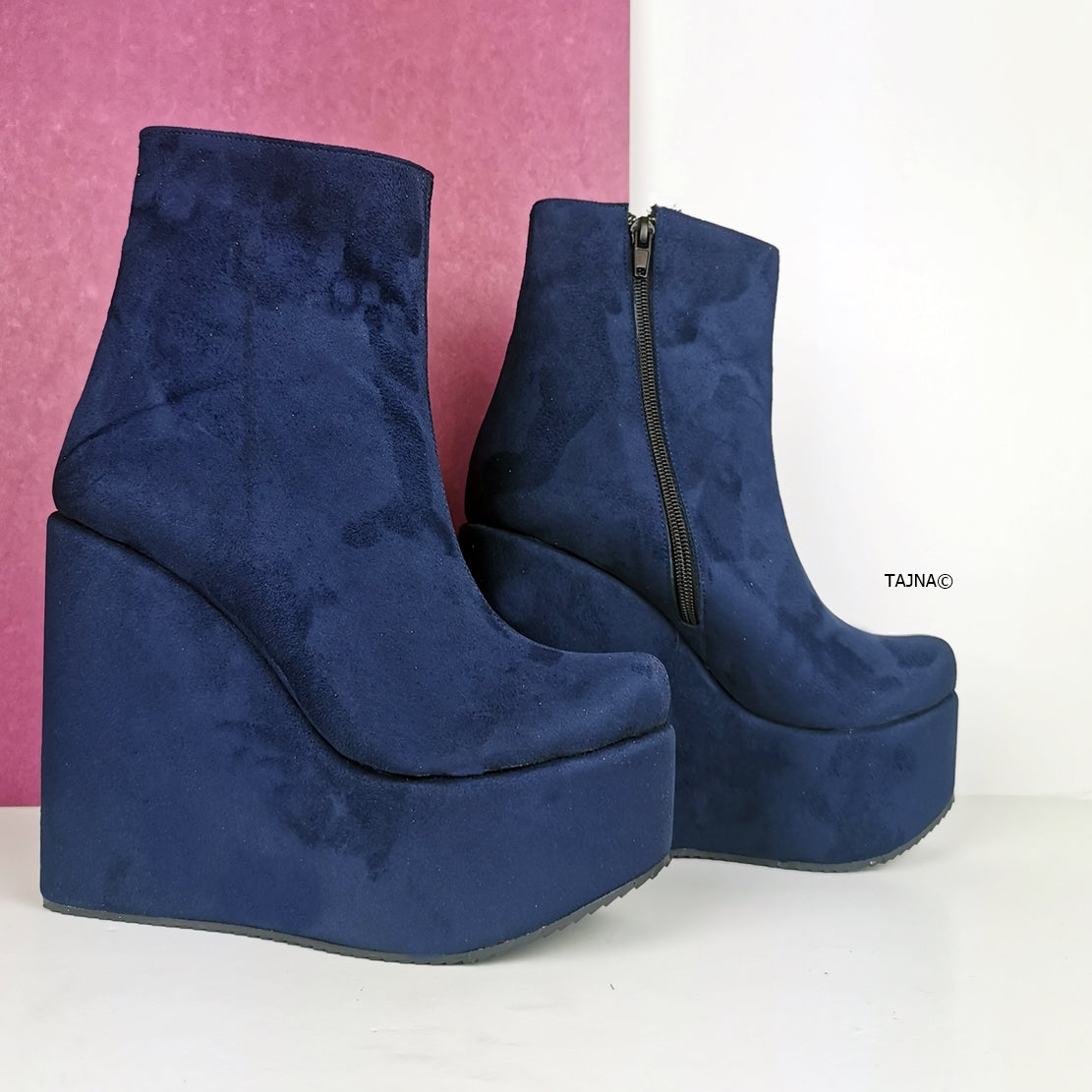 Blue Suede Platform Wedge Boots