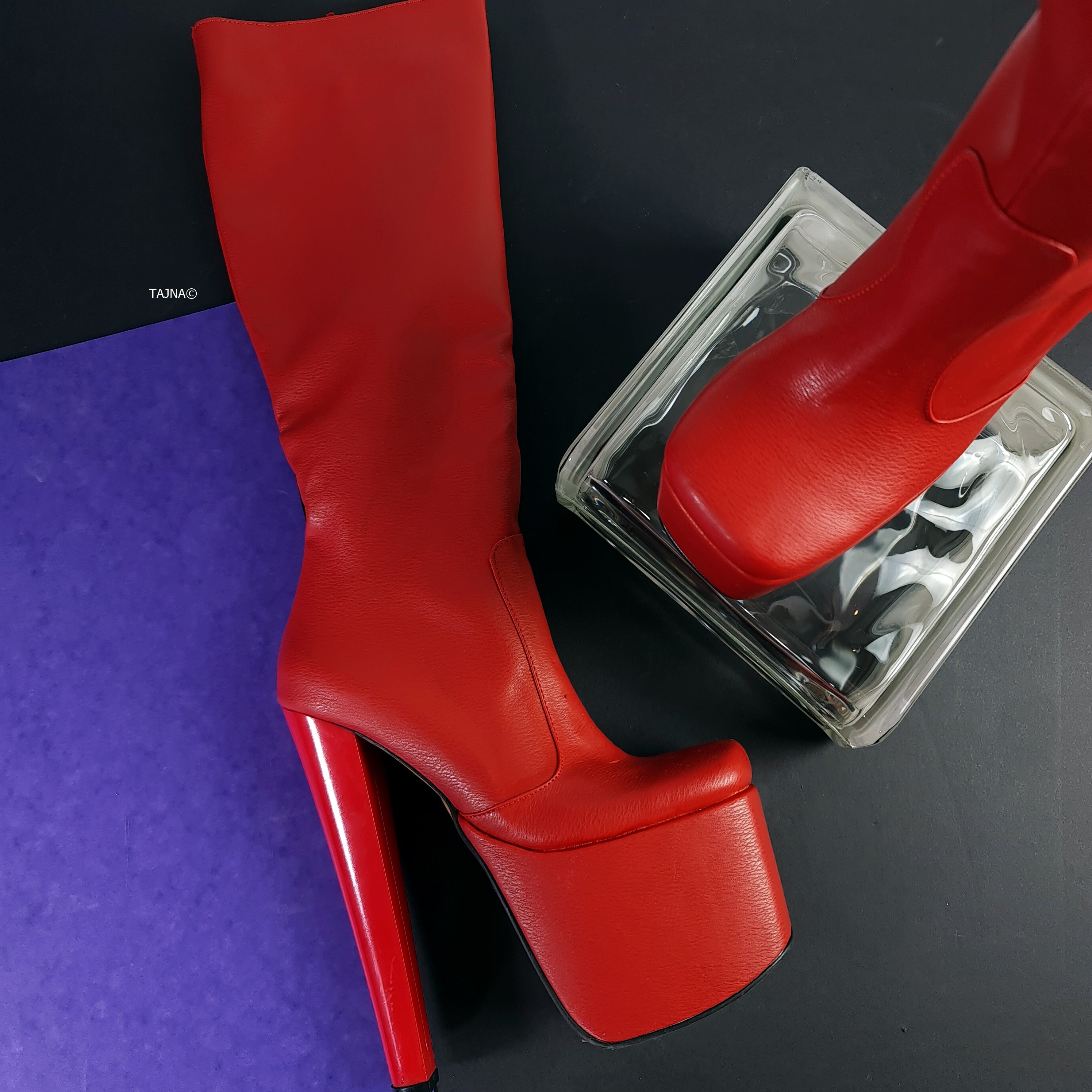 Chunky Heel Mid Calf Boots, Red Square Nose