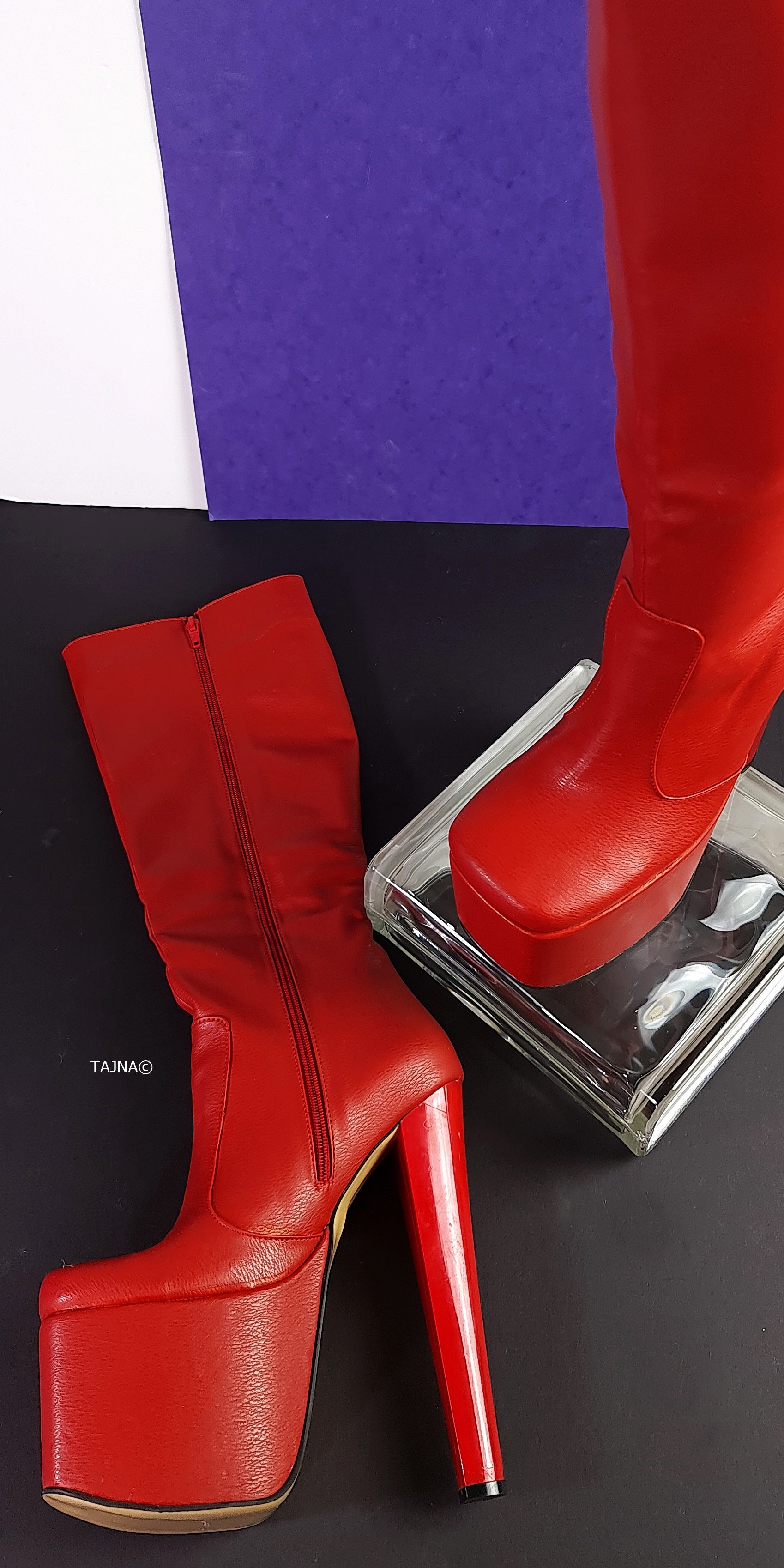 Chunky Heel Mid Calf Boots, Red Square Nose