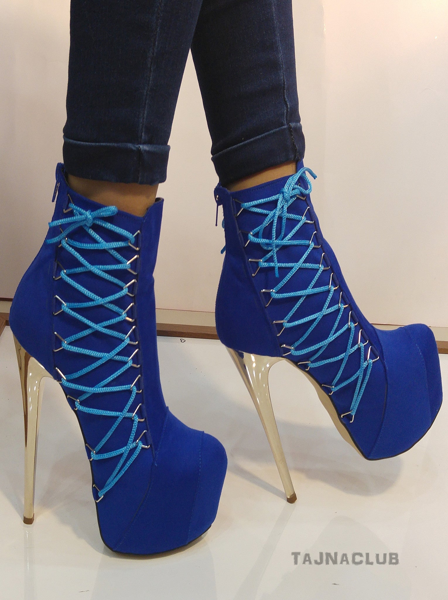 Cobalt Blue Side Lace-Up Boots