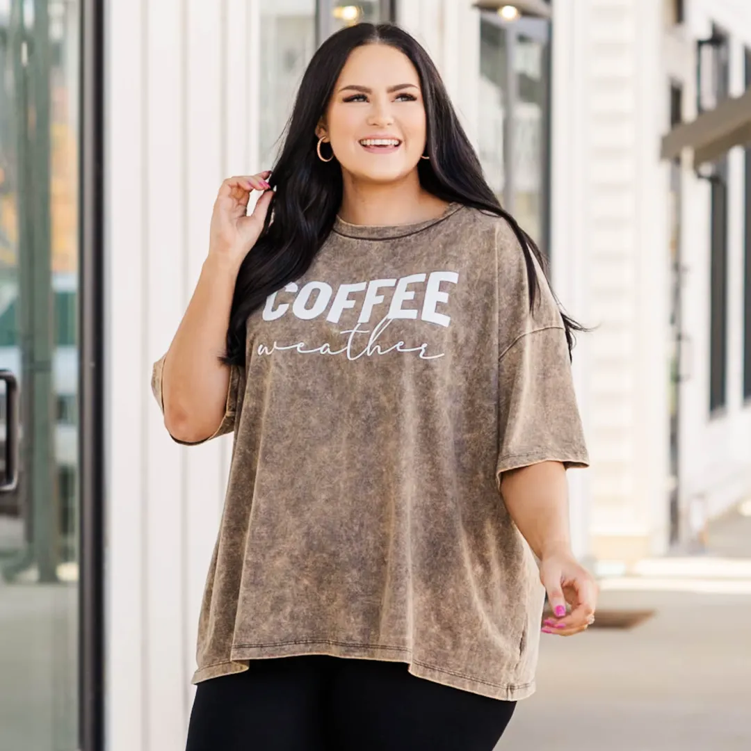 Coffee Weather Acid Wash Boyfriend Tee, Rust Brown