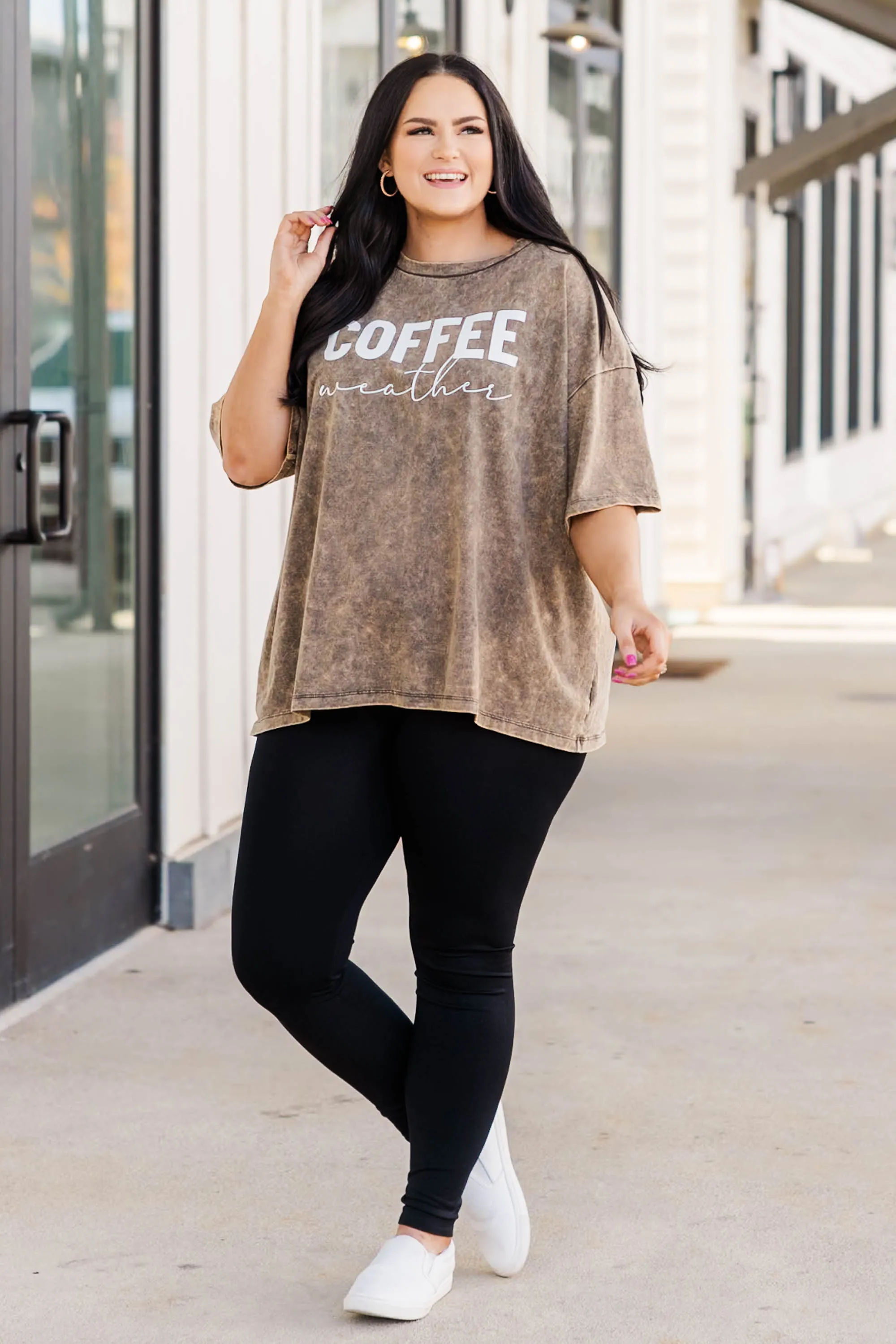 Coffee Weather Acid Wash Boyfriend Tee, Rust Brown