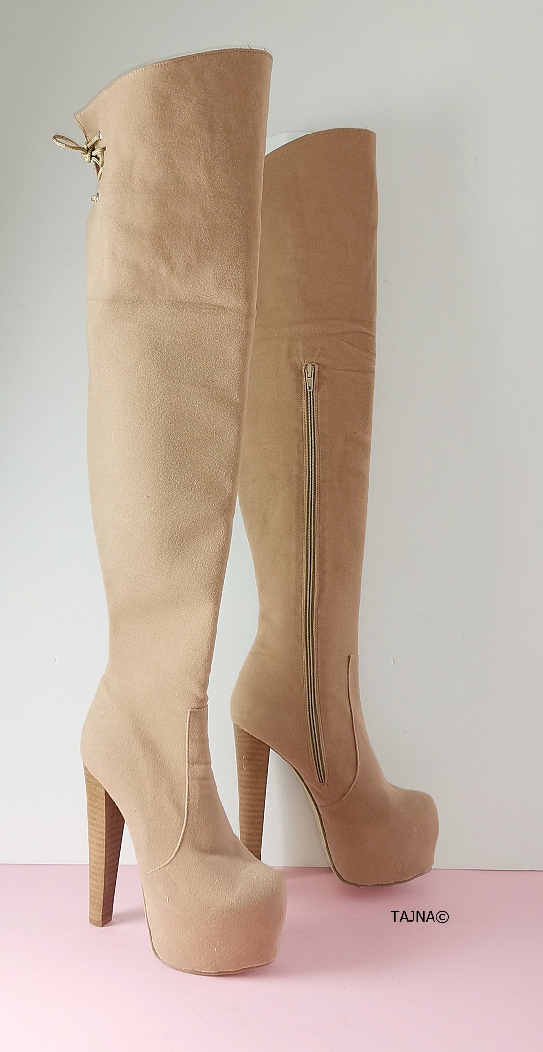 Cream Beige Knee High Suede Boots