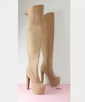 Cream Beige Knee High Suede Boots