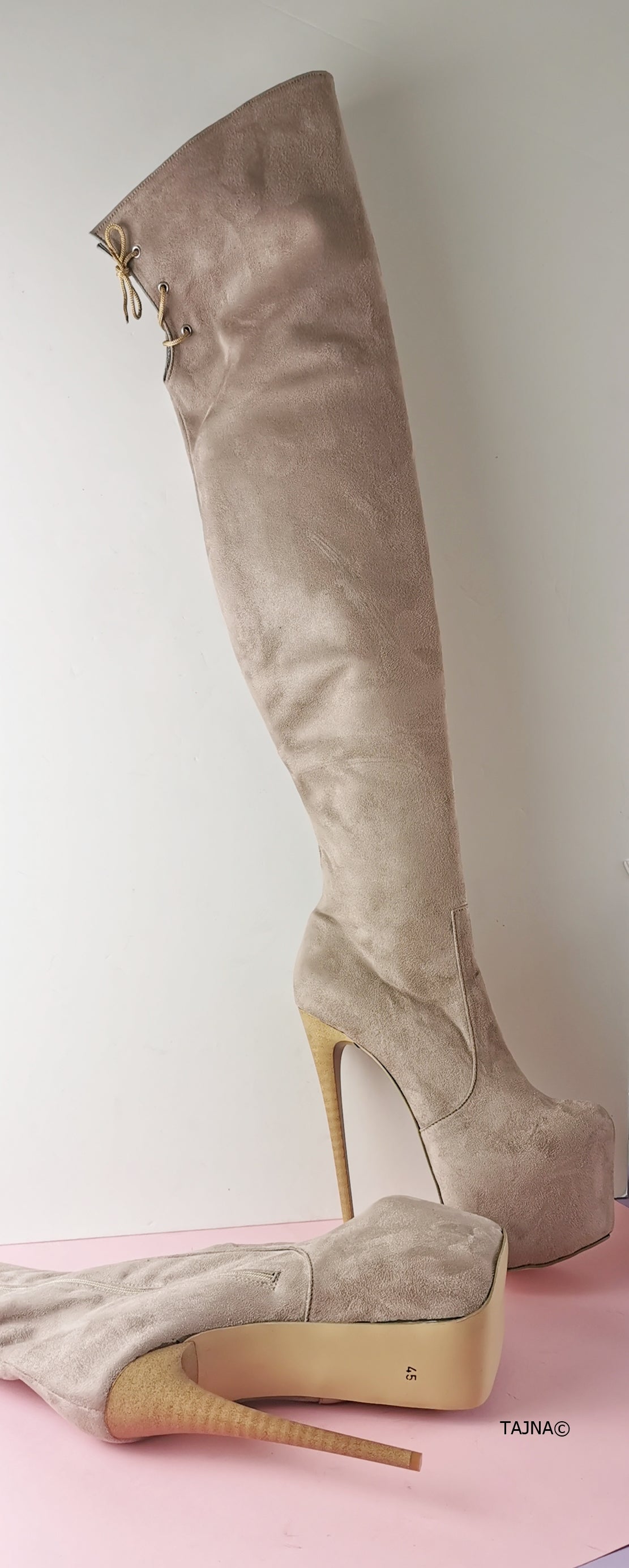 Cream Beige Platform Boots with Suede and Lace-Up Details, featuring High Heel Shoes