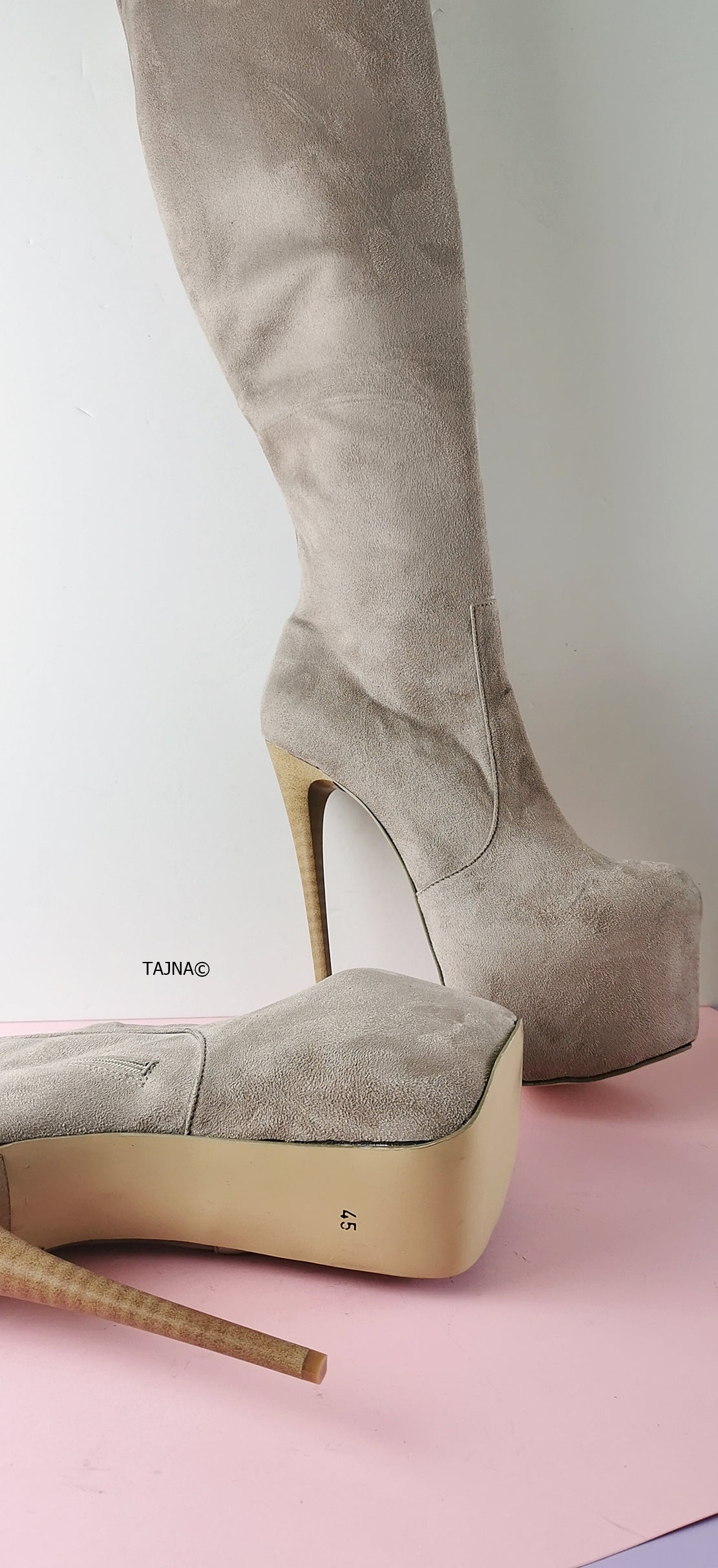 Cream Beige Platform Boots with Suede and Lace-Up Details, featuring High Heel Shoes