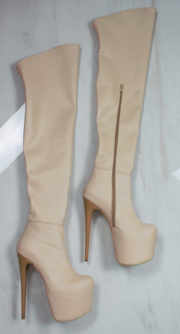 Cream Knee High Platform Boots