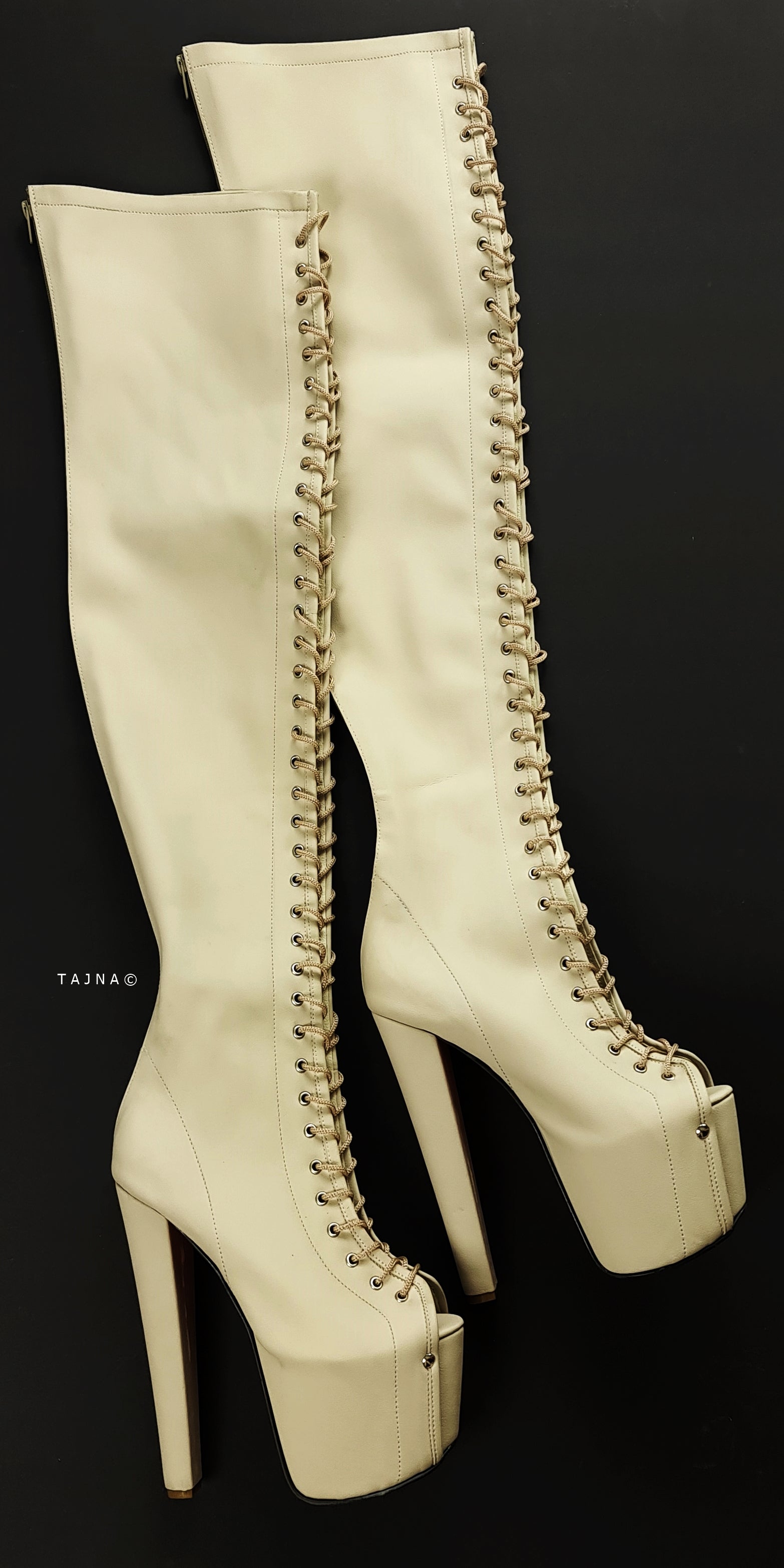 Cream Nude Lace Up Thigh High Boots - Gladiator Style