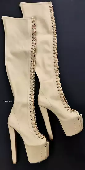 Cream Nude Lace Up Thigh High Boots - Gladiator Style