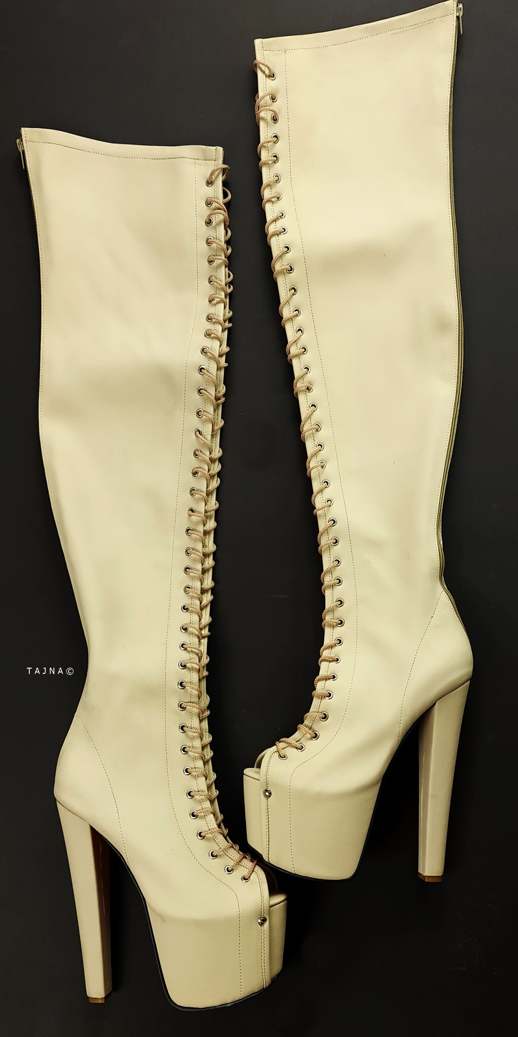 Cream Nude Lace Up Thigh High Boots - Gladiator Style