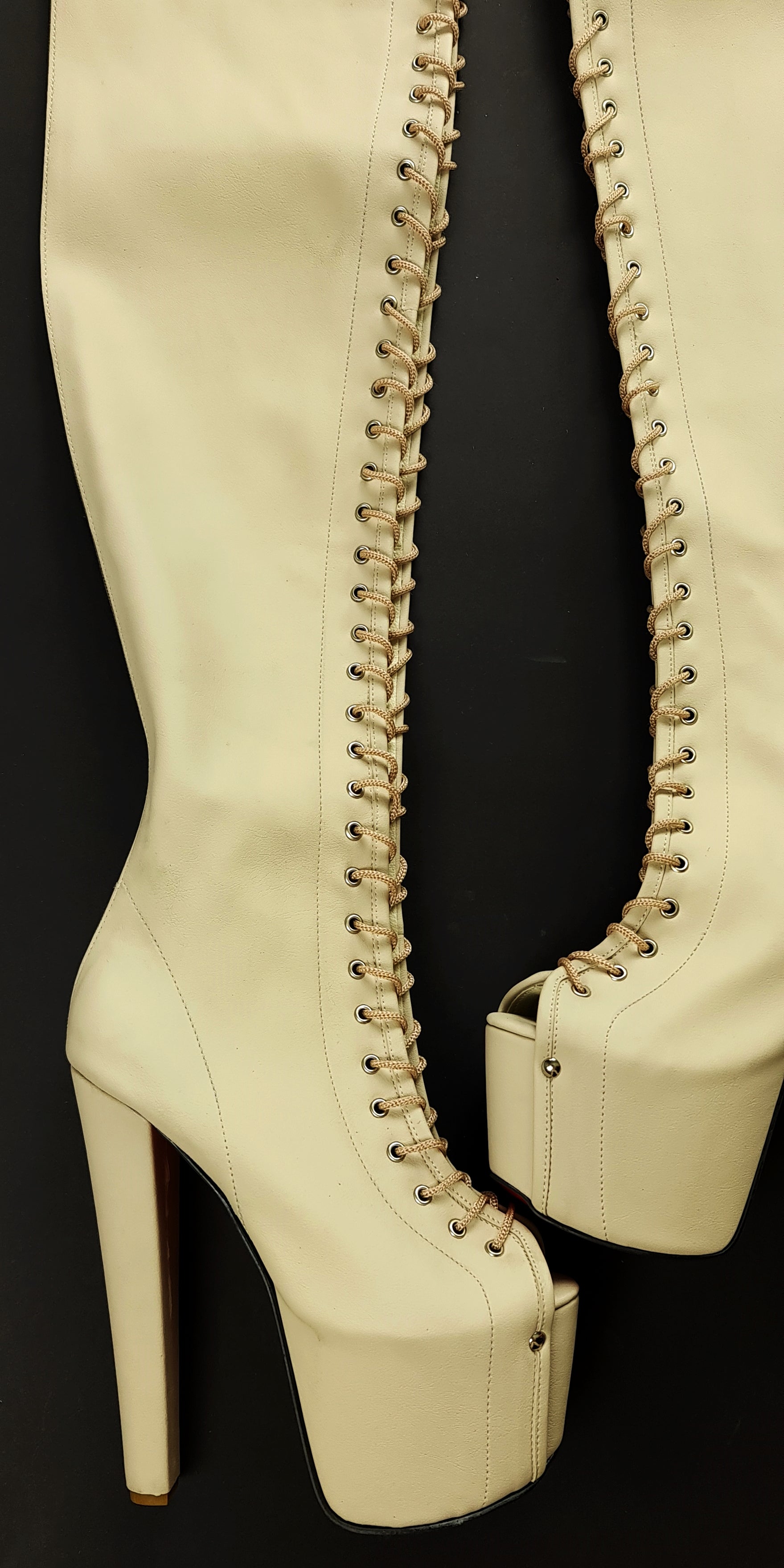 Cream Nude Lace Up Thigh High Boots - Gladiator Style