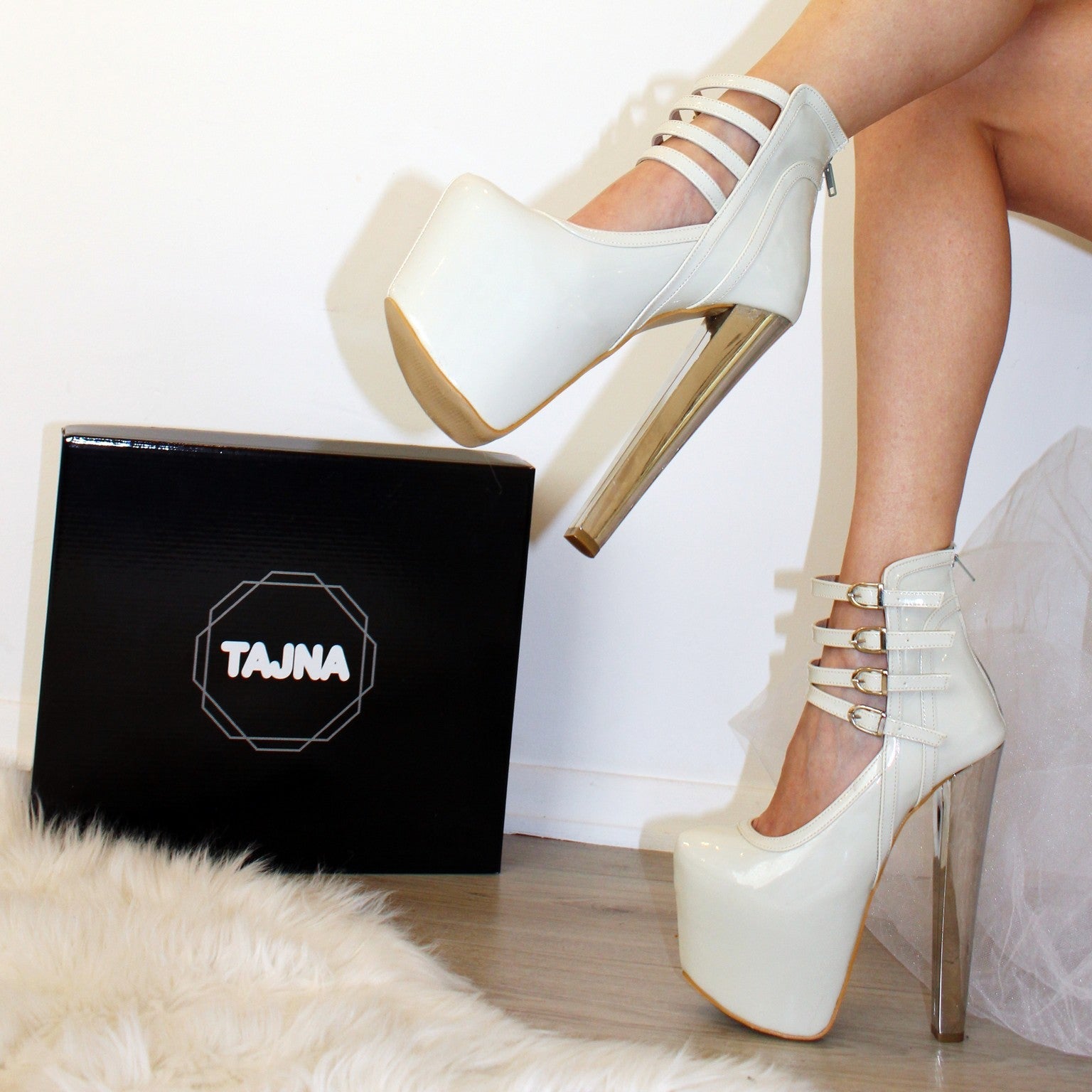 Cream Platform Heel Boots - Nude Color (with Patent Belt)