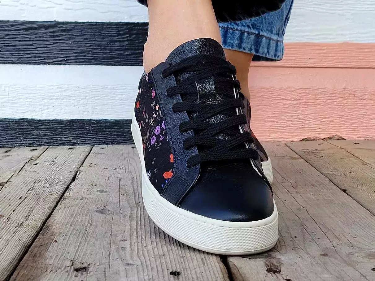 Floral Print Canvas and Black Leather Sneakers