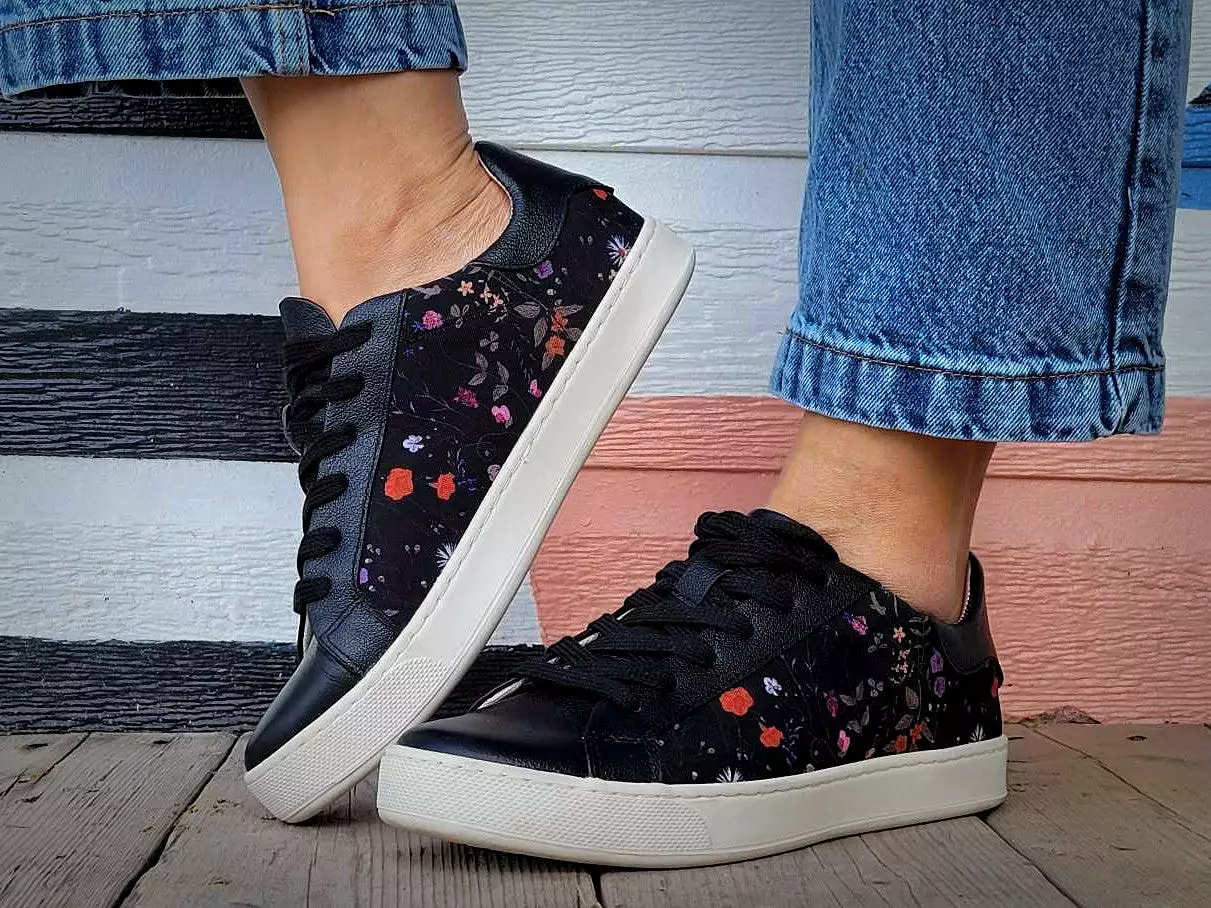 Floral Print Canvas and Black Leather Sneakers