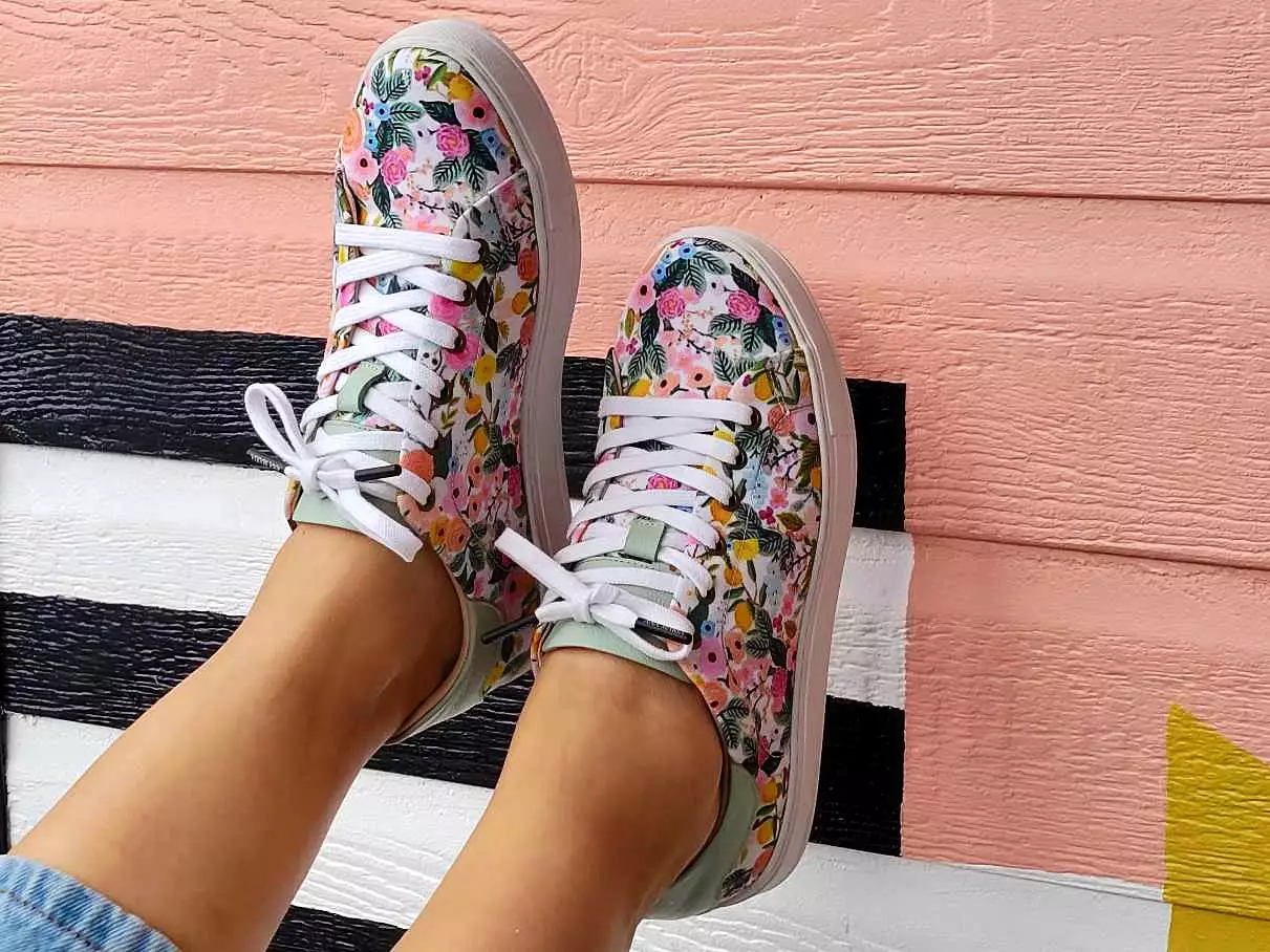 Floral Print Canvas and Turquoise Leather Sneakers