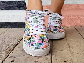 Floral Print Canvas and Turquoise Leather Sneakers