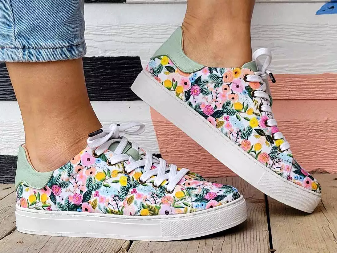 Floral Print Canvas and Turquoise Leather Sneakers